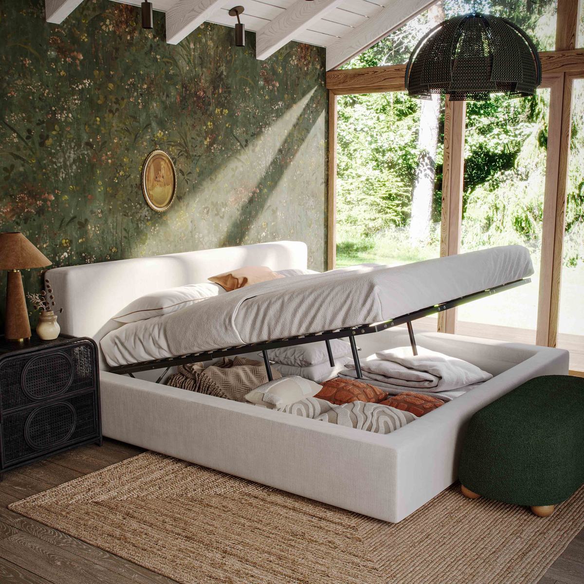 Meena Cream Upcycled Linen Storage King Bed - Image 2
