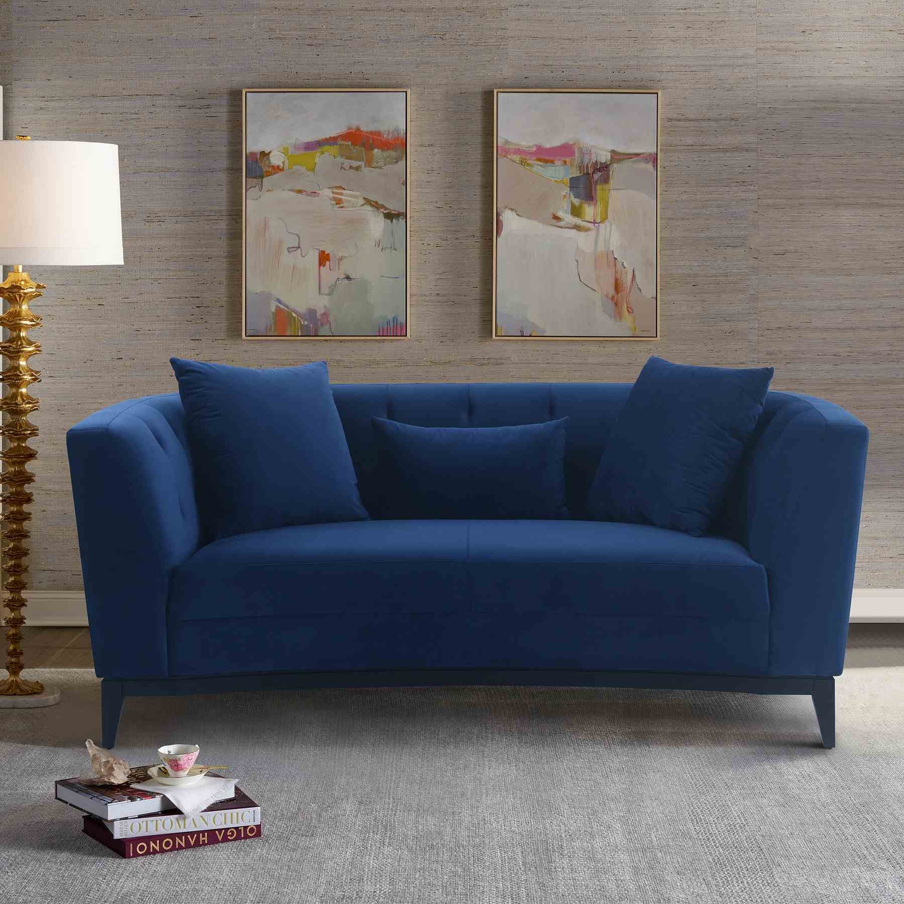 Melange Blue Velvet Upholstered Loveseat with Black Wood Base - Image 7