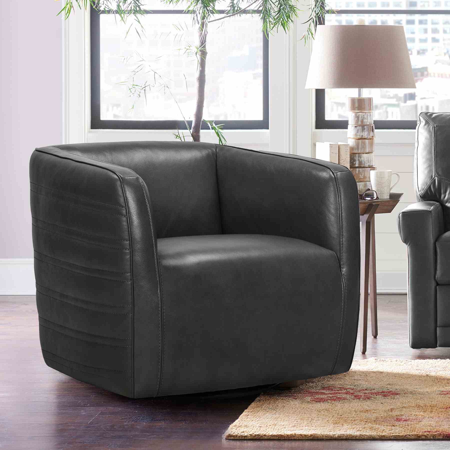 Melanie Swivel Pewter Genuine Leather Barrel Chair - Image 7