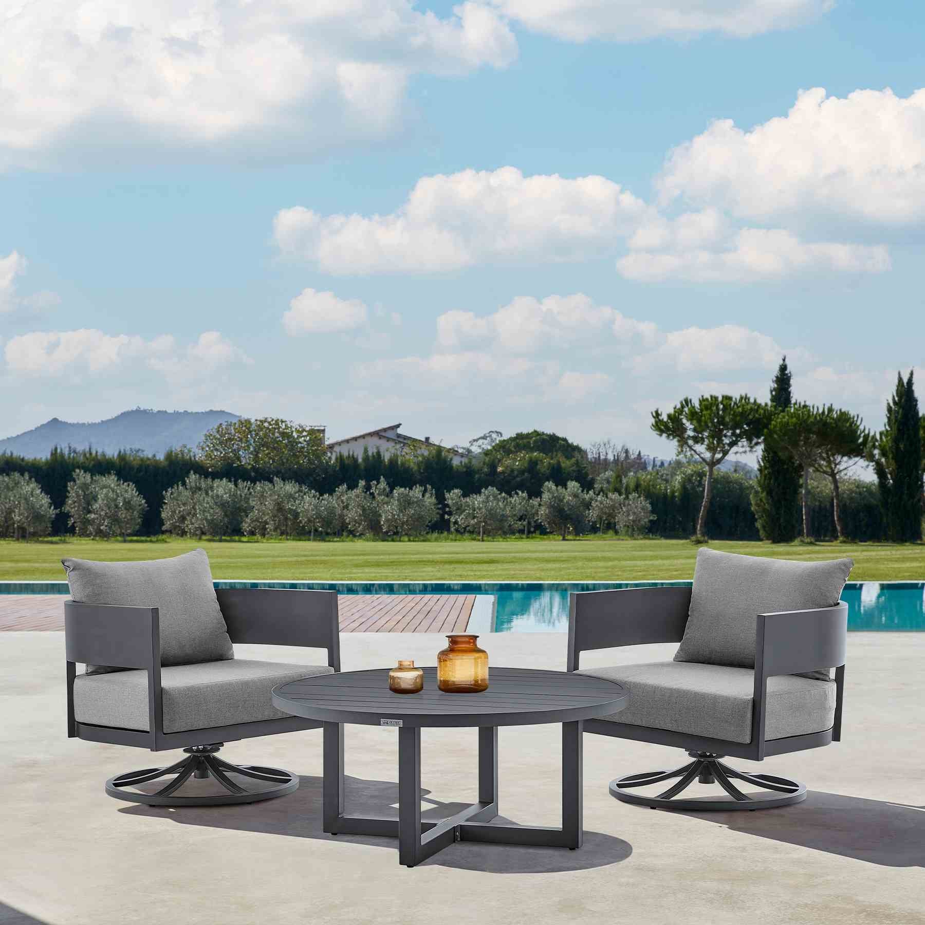Menorca 3 Piece Patio Outdoor Swivel Seating Set in Dark Gray Aluminum with Gray Cushions - Image 12