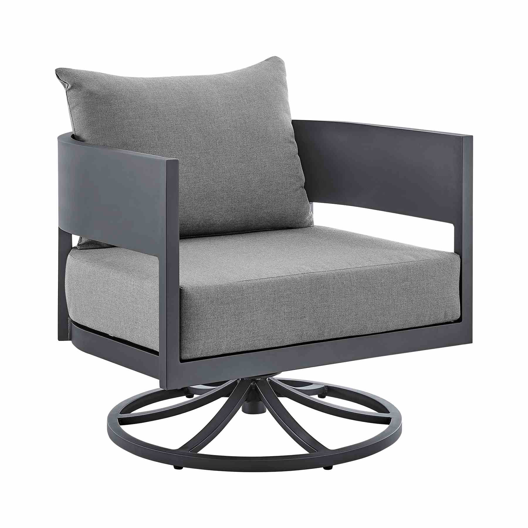 Menorca 3 Piece Patio Outdoor Swivel Seating Set in Dark Gray Aluminum with Gray Cushions - Image 2