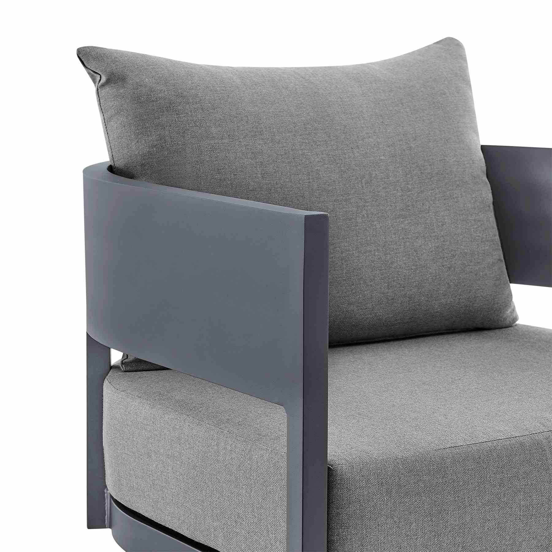 Menorca 3 Piece Patio Outdoor Swivel Seating Set in Dark Gray Aluminum with Gray Cushions - Image 7