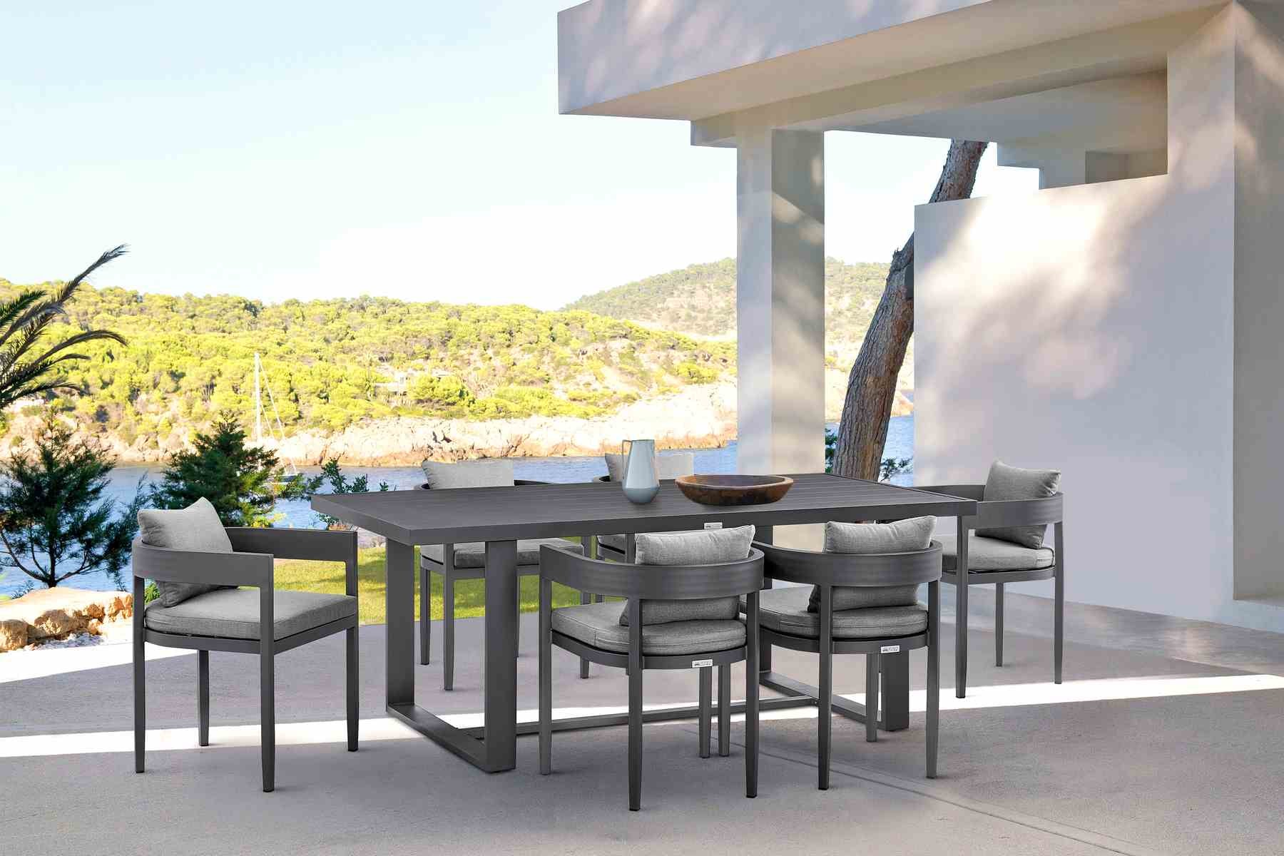 Menorca Outdoor Patio 7-Piece Dining Table Set in Aluminum with Gray Cushions - Image 12