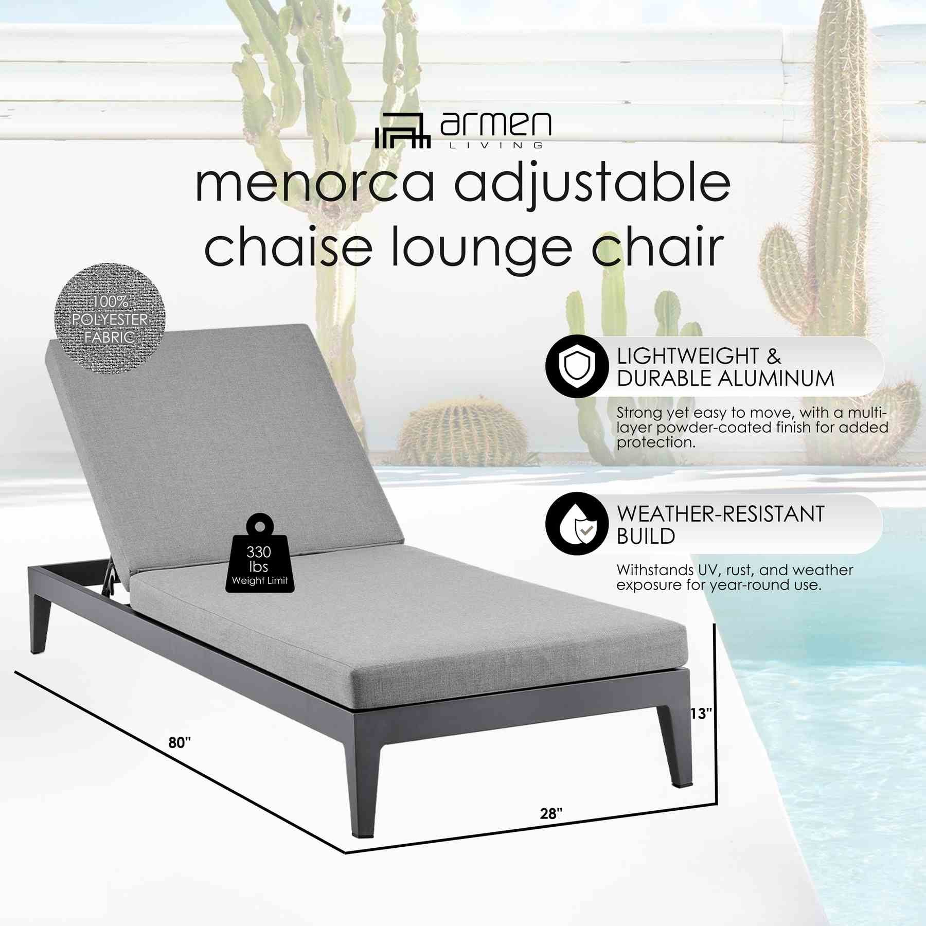 Menorca Outdoor Patio Adjustable Chaise Lounge Chair in Aluminum with Gray Cushions - Image 12