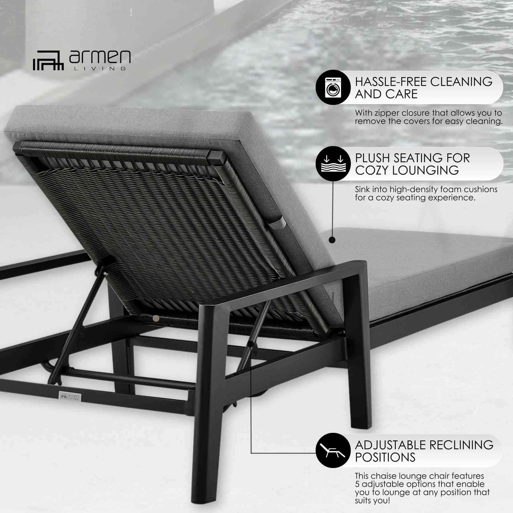 Menorca Outdoor Patio Adjustable Chaise Lounge Chair in Aluminum with Gray Cushions - Image 13