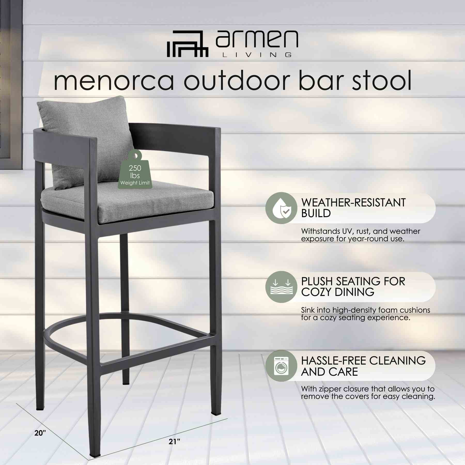 Menorca Outdoor Patio Bar Stool in Aluminum with Gray Cushions - Image 11