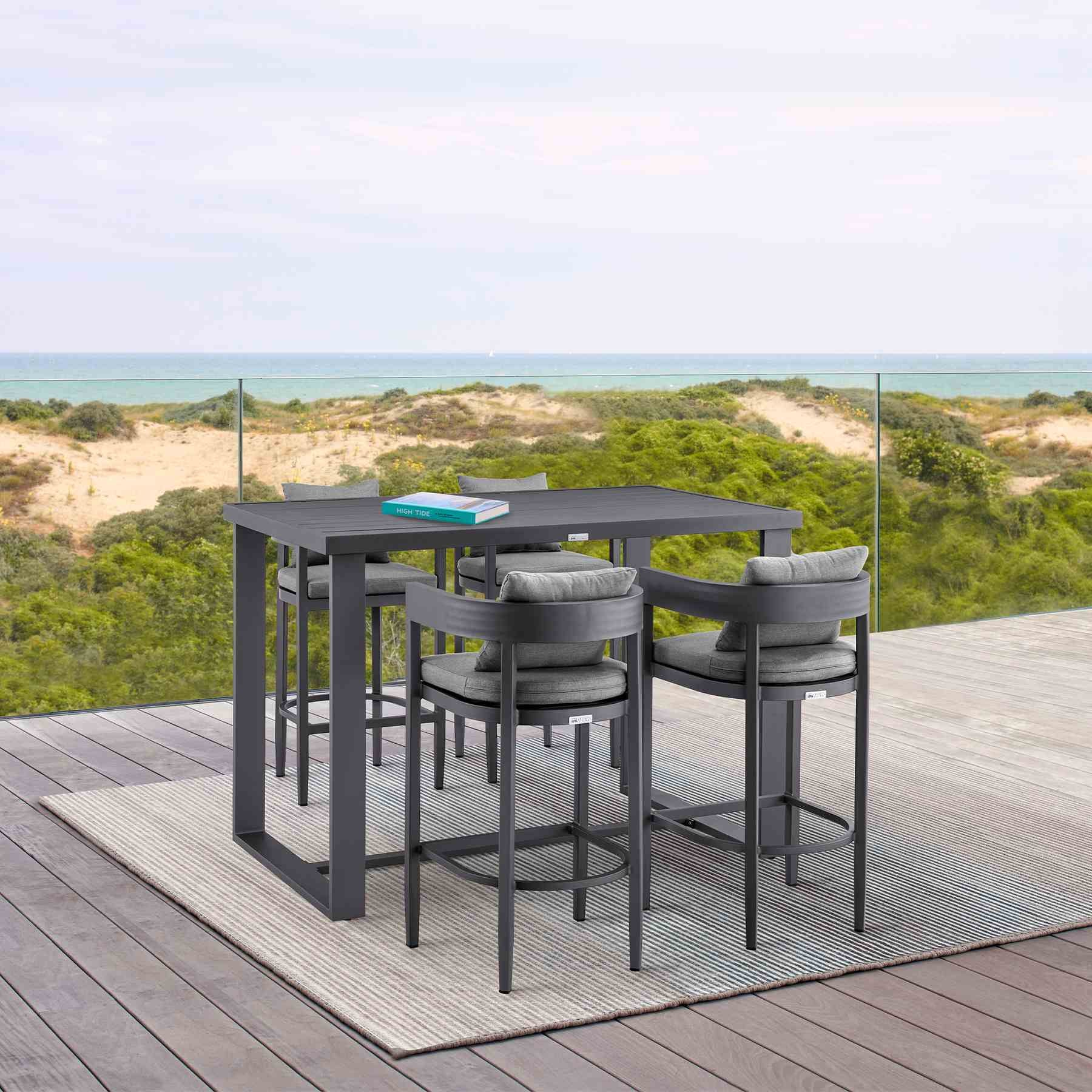 Menorca Outdoor Patio Counter Height Bar Stool in Aluminum with Gray Cushions - Image 10