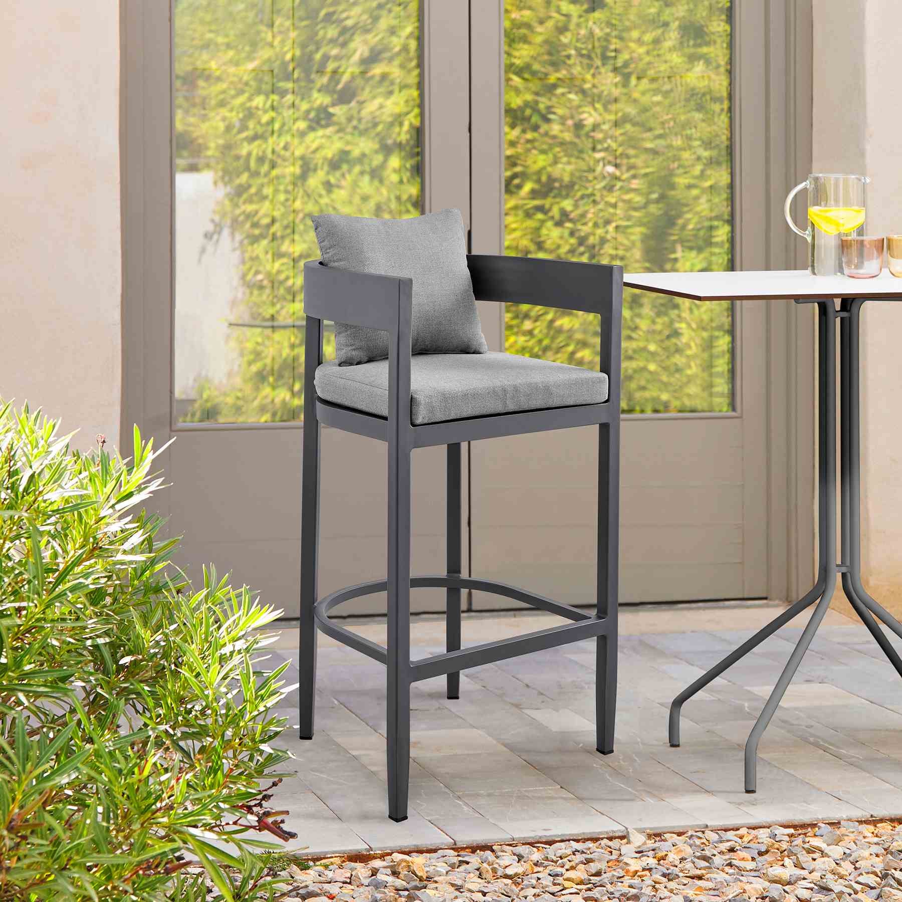 Menorca Outdoor Patio Counter Height Bar Stool in Aluminum with Gray Cushions - Image 9