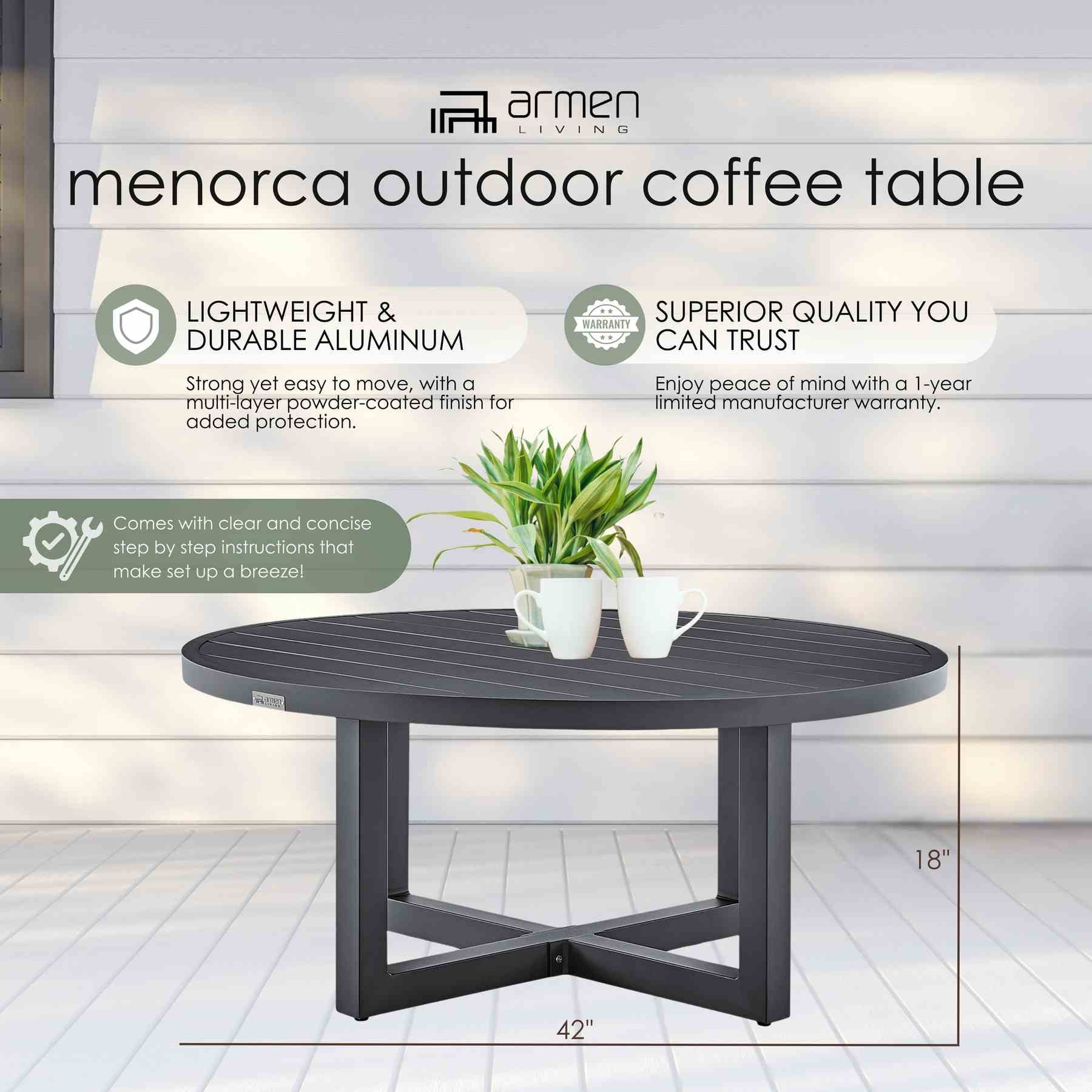 Menorca Outdoor Patio Round Coffee Table in Black Aluminum - Image 8