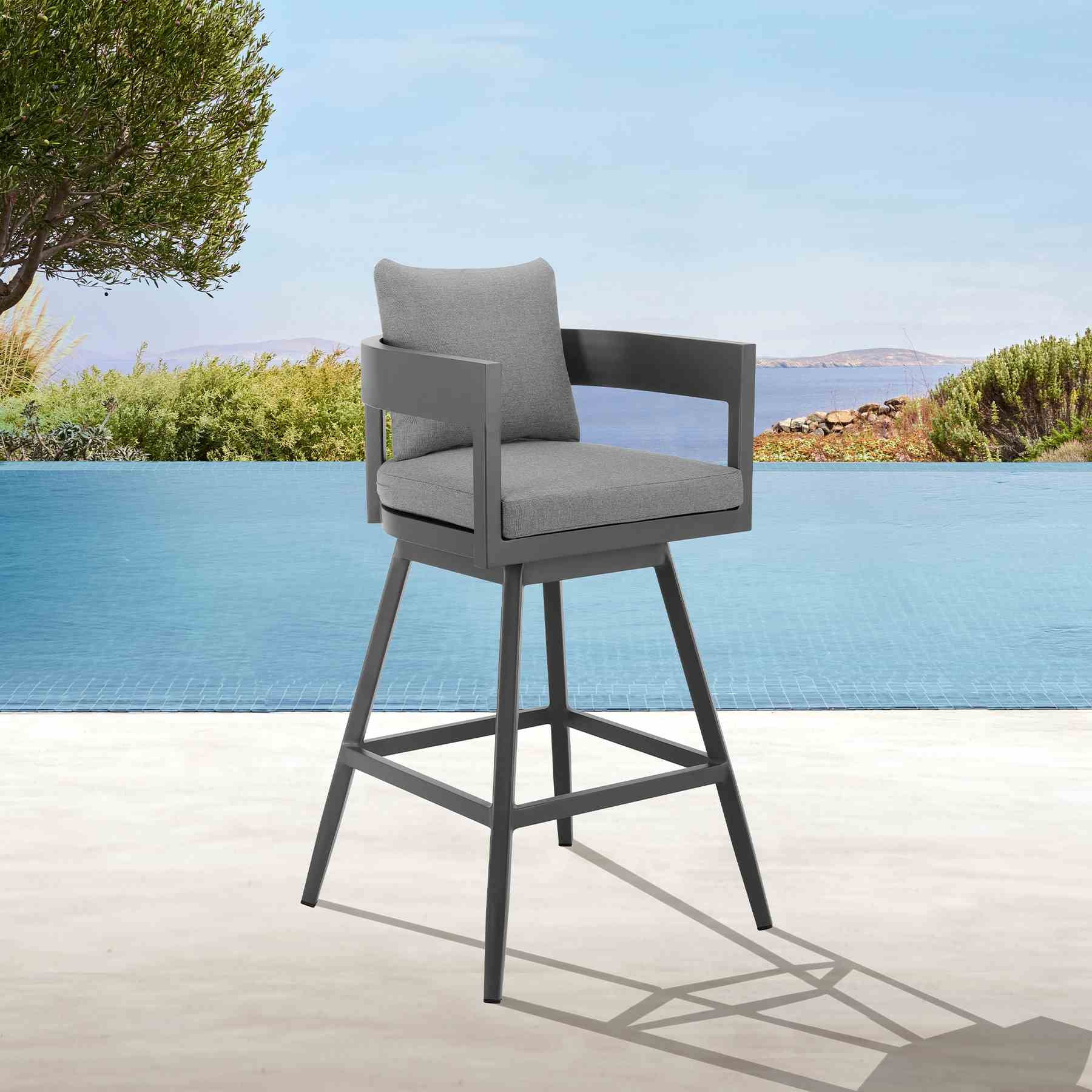 Menorca Outdoor Patio Swivel Bar Stool in Aluminum with Gray Cushions - Image 10