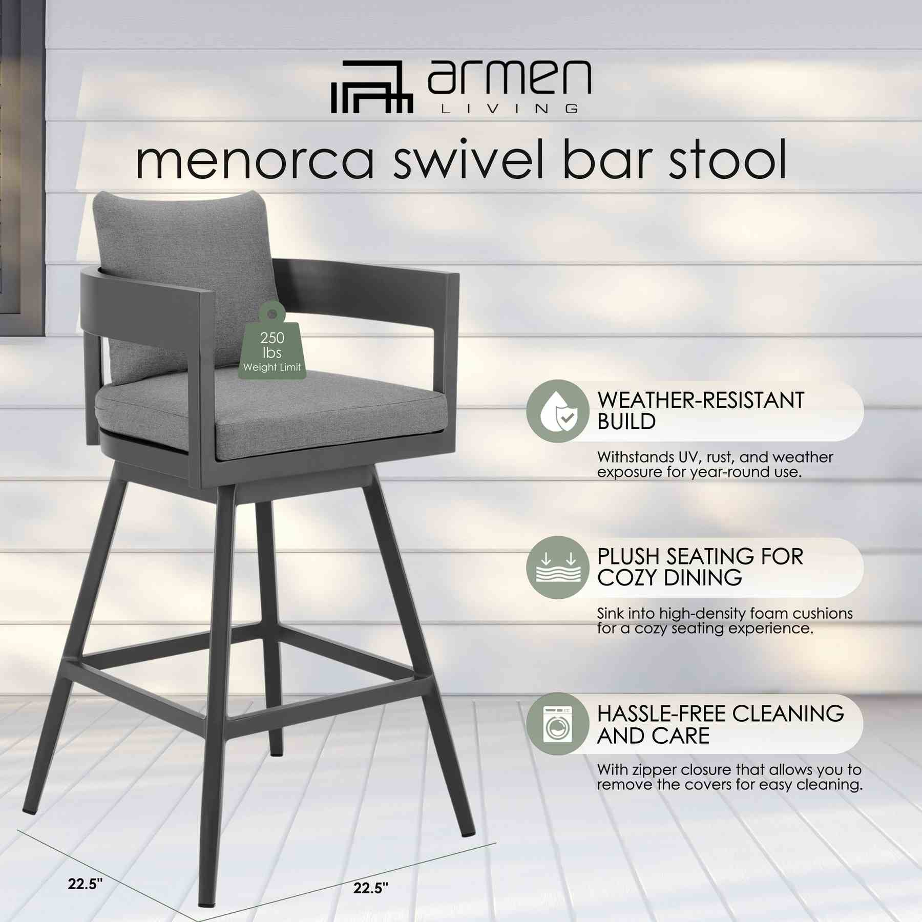 Menorca Outdoor Patio Swivel Bar Stool in Aluminum with Gray Cushions - Image 11