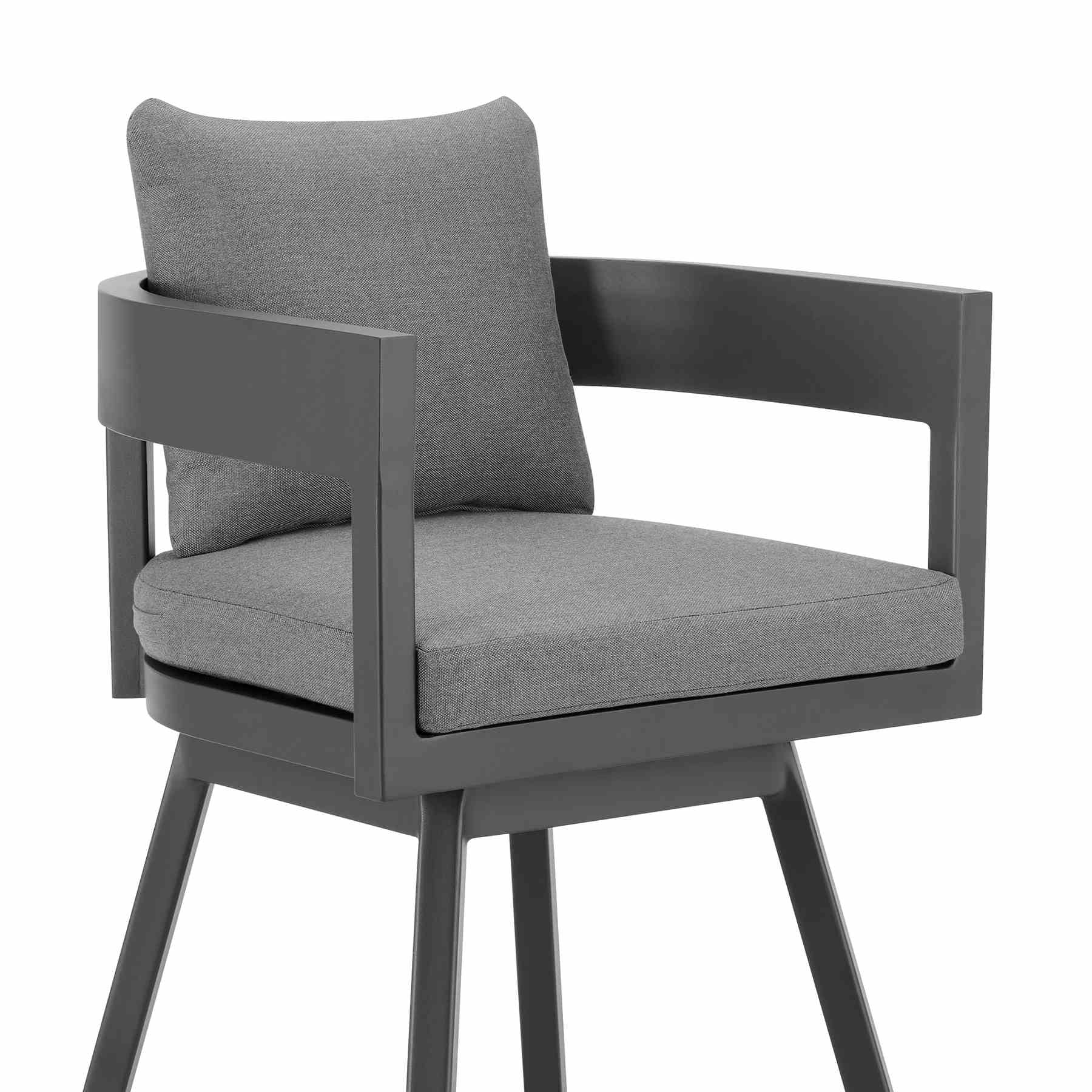 Menorca Outdoor Patio Swivel Bar Stool in Aluminum with Gray Cushions - Image 4