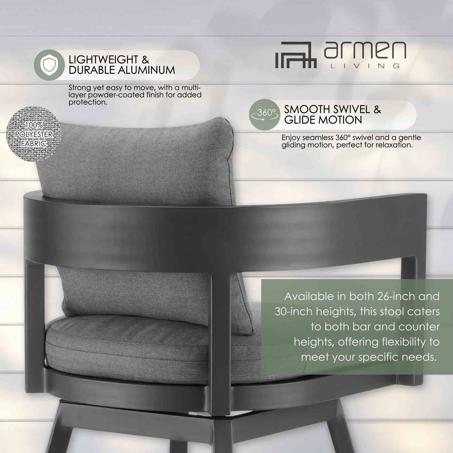Menorca Outdoor Patio Swivel Counter Stool in Aluminum with Gray Cushions - Image 12