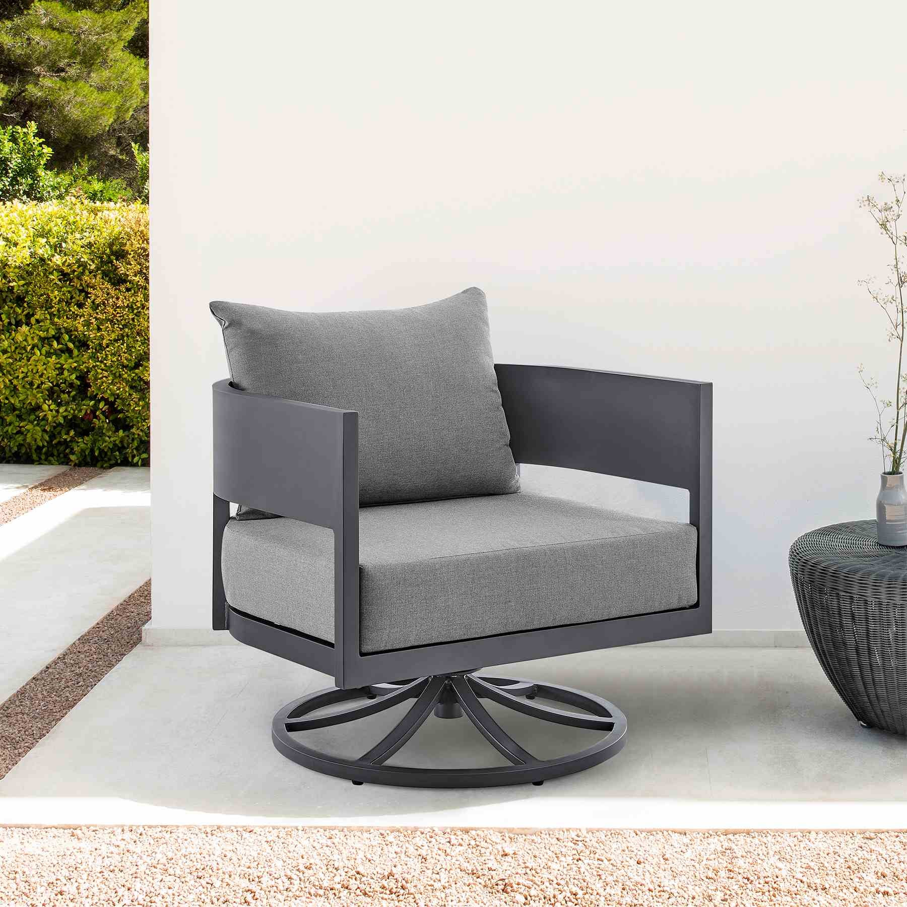 Menorca Outdoor Patio Swivel Rocking Chair in Gray Aluminum with Cushions - Image 9