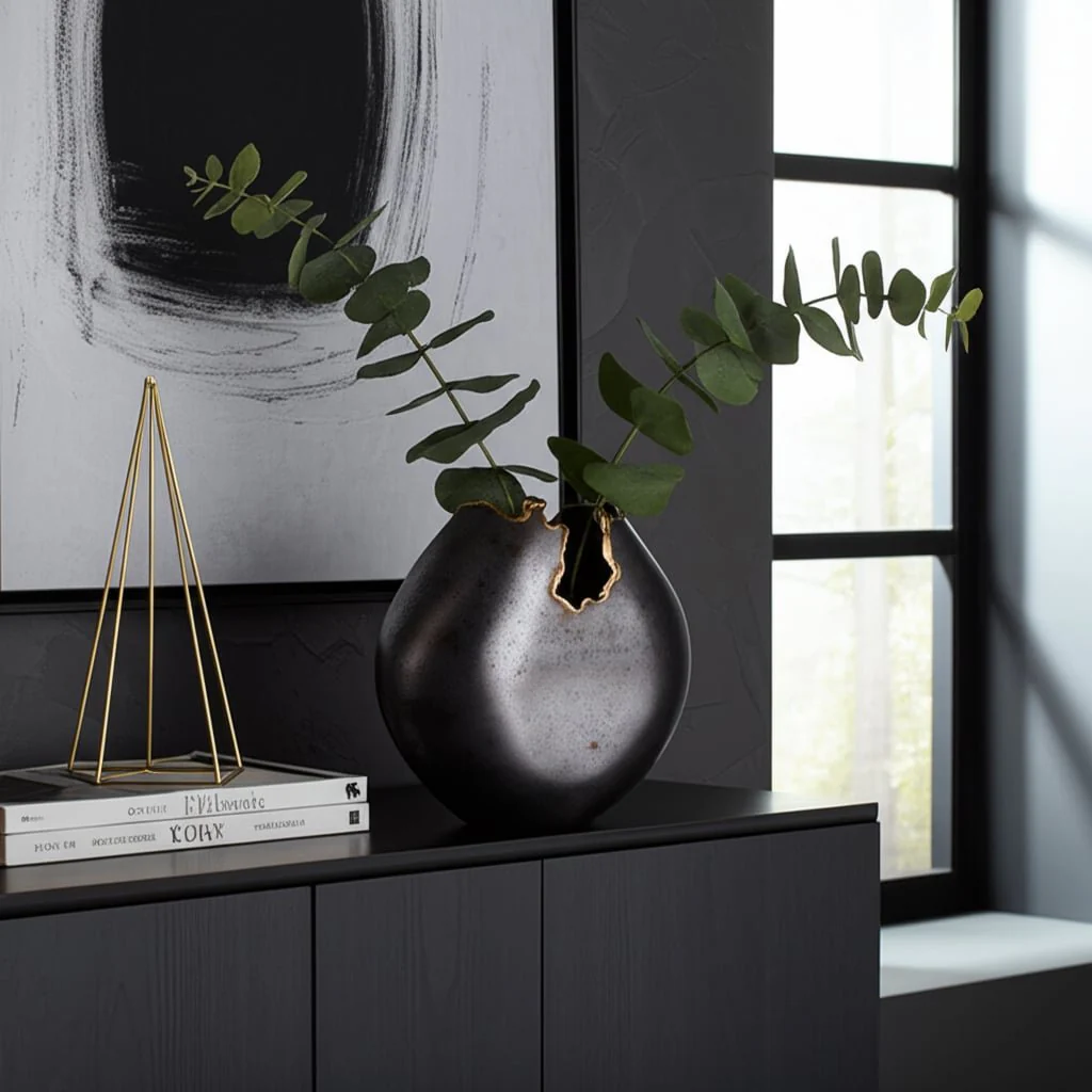 Metal, 10" Round Chipped Vase, Black - Image 11