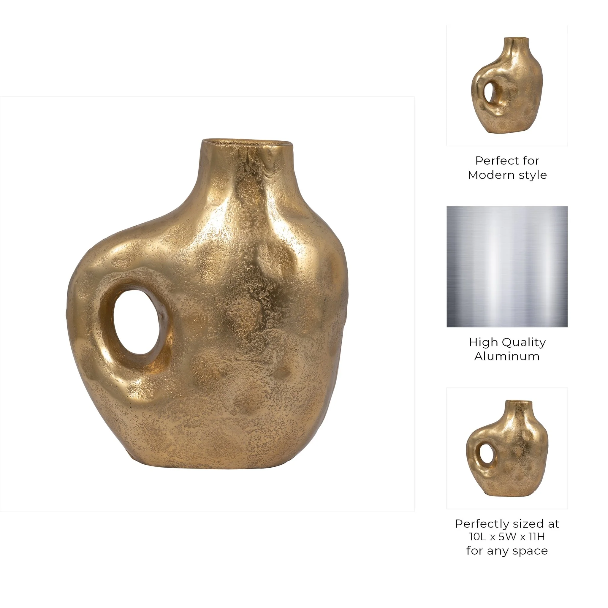 Metal, 11" Hammerd Cut-out Vase, Gold - Image 10