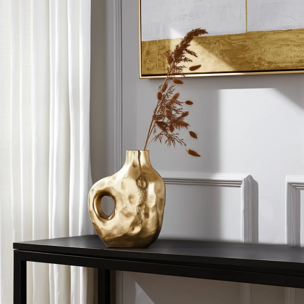 Metal, 11" Hammerd Cut-out Vase, Gold - Image 11