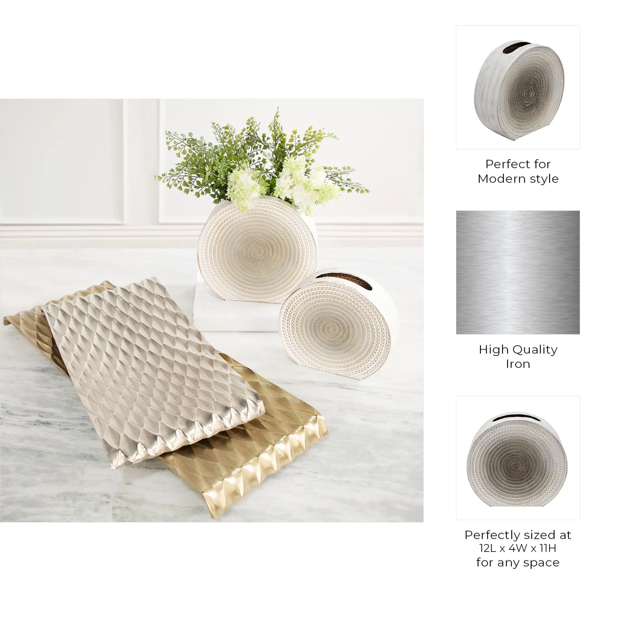 Metal 11"h Round Vase, White - Image 5
