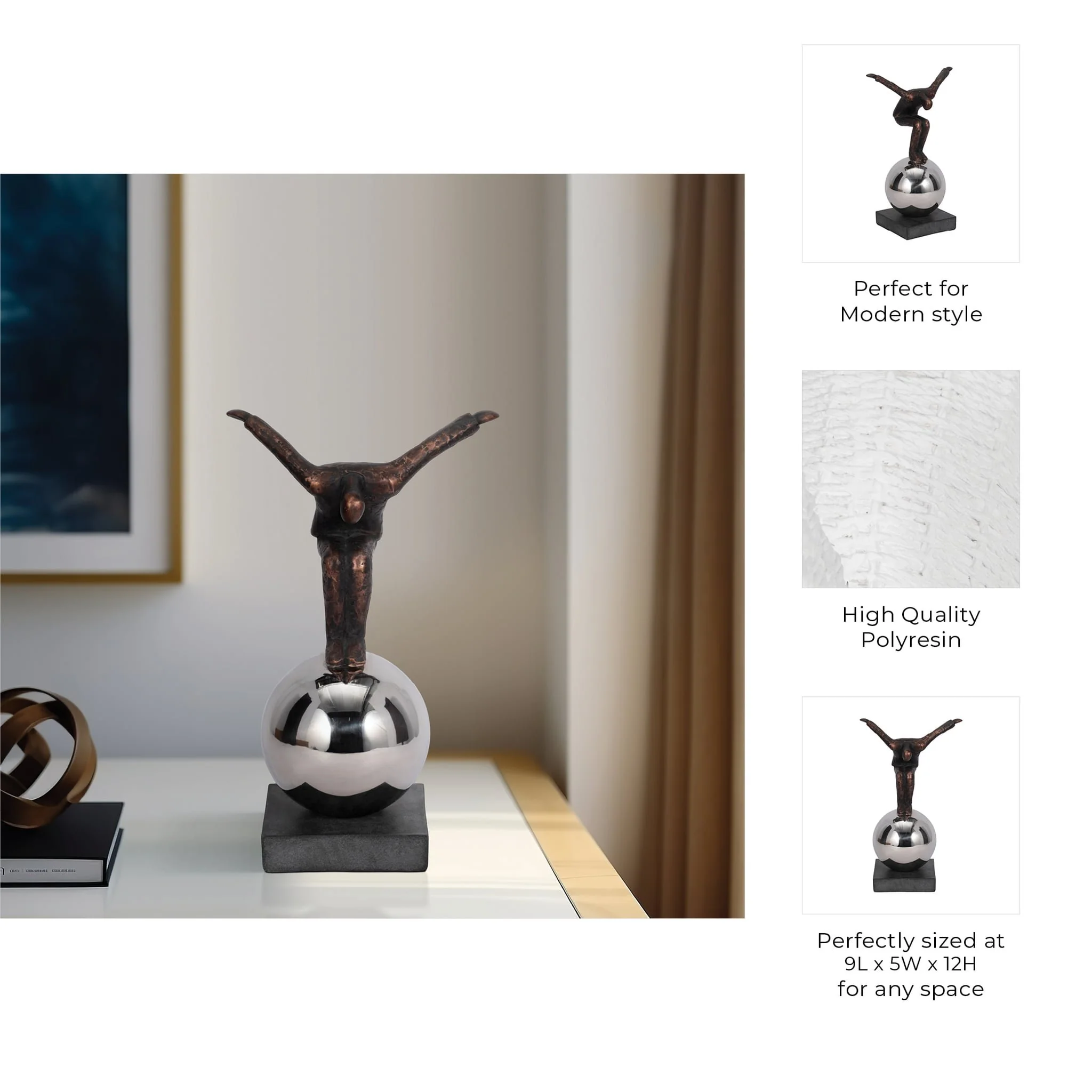 Metal 12" Balancing Man On Sphere, Bronze - Image 10