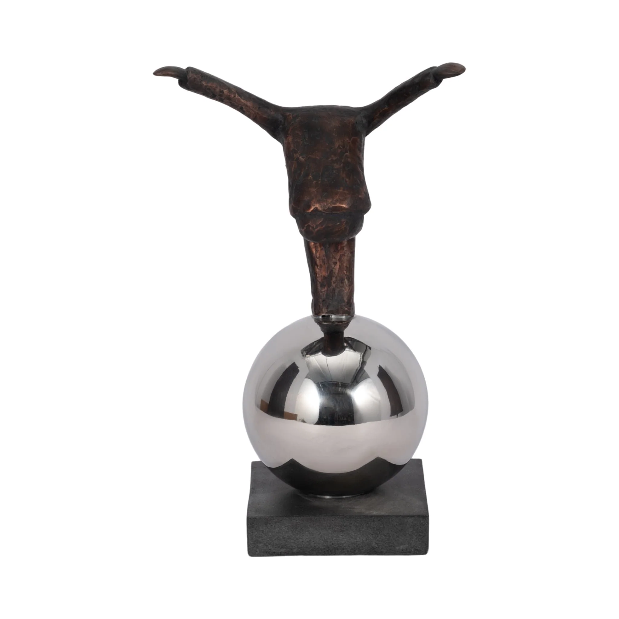 Metal 12" Balancing Man On Sphere, Bronze - Image 4