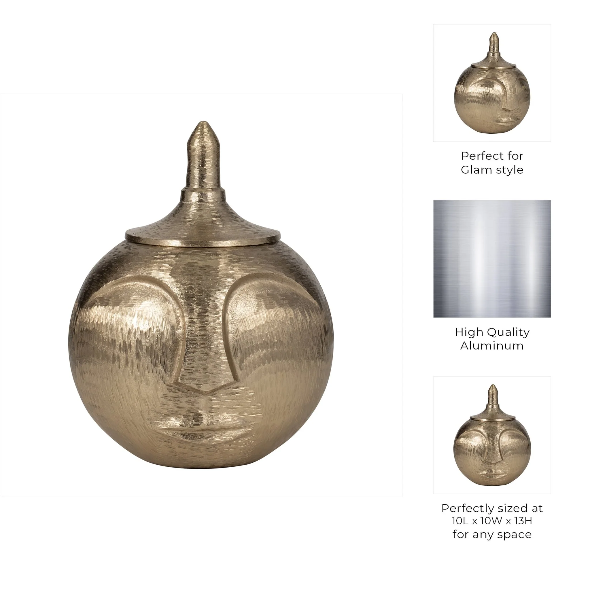 Metal, 13" Face Jar With Lid, Champagne - Image 10