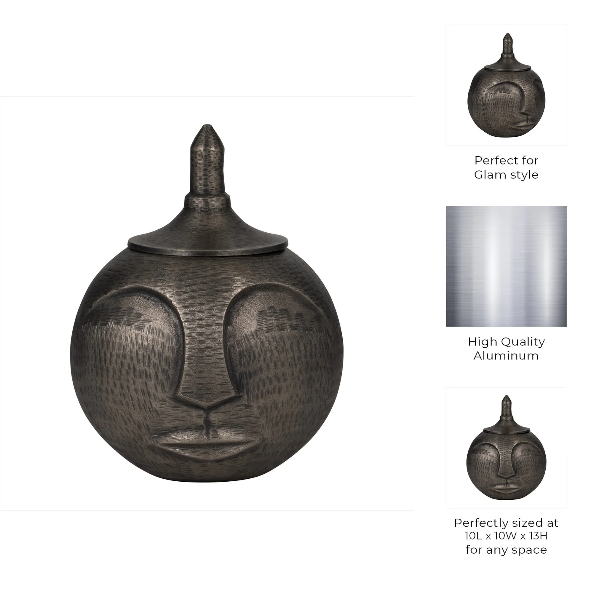 Metal, 13" Face Jar With Lid, Gunmetal - Image 10