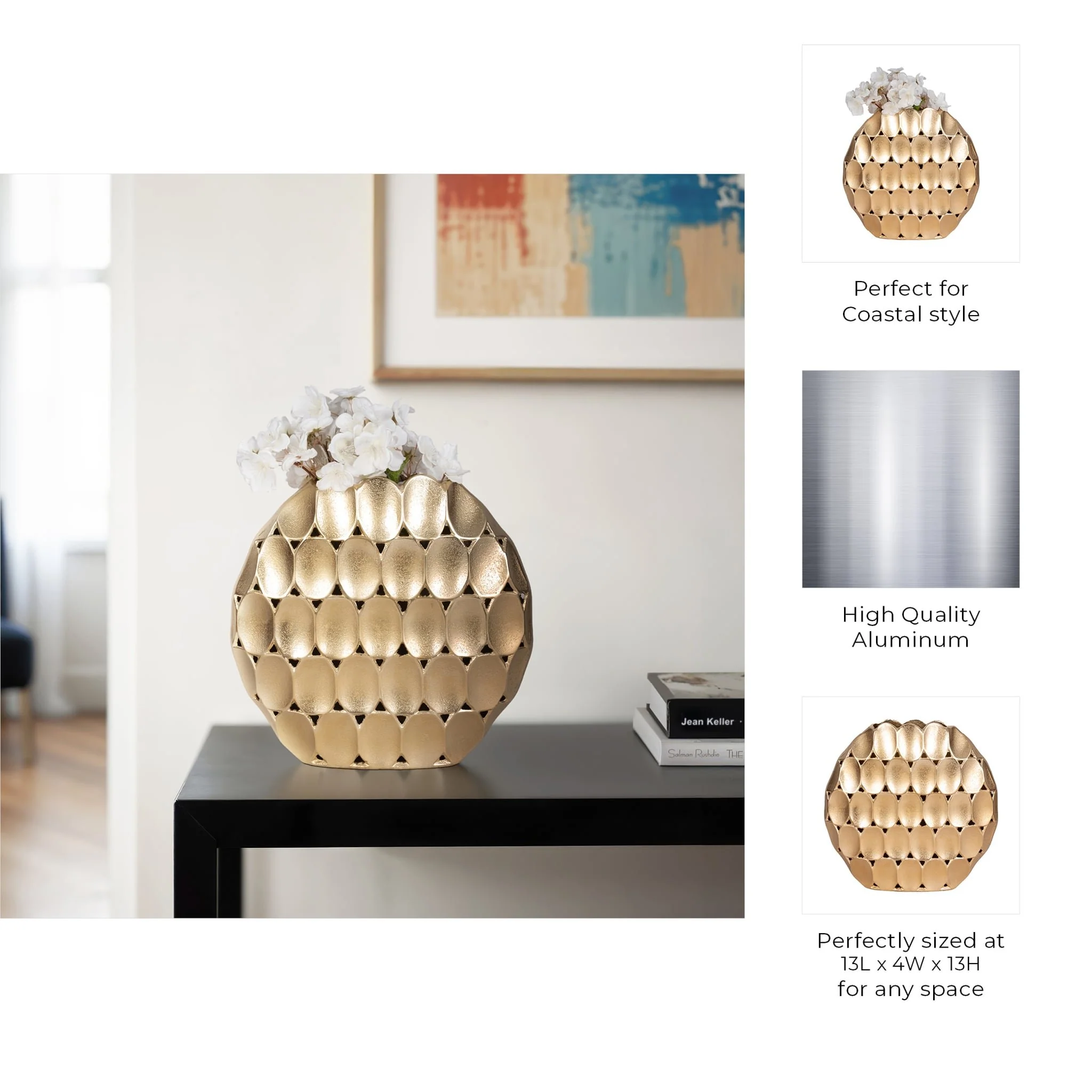 Metal, 13" Oval Vase, Champagne - Image 10