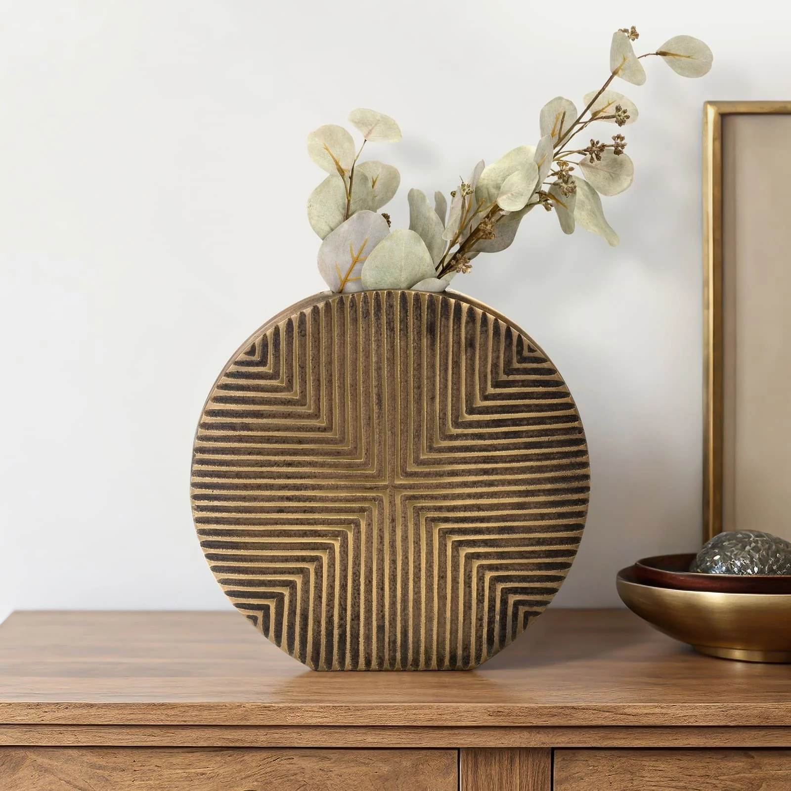 Metal, 13"h Round Ribbed Vase, Brass Antique - Image 10