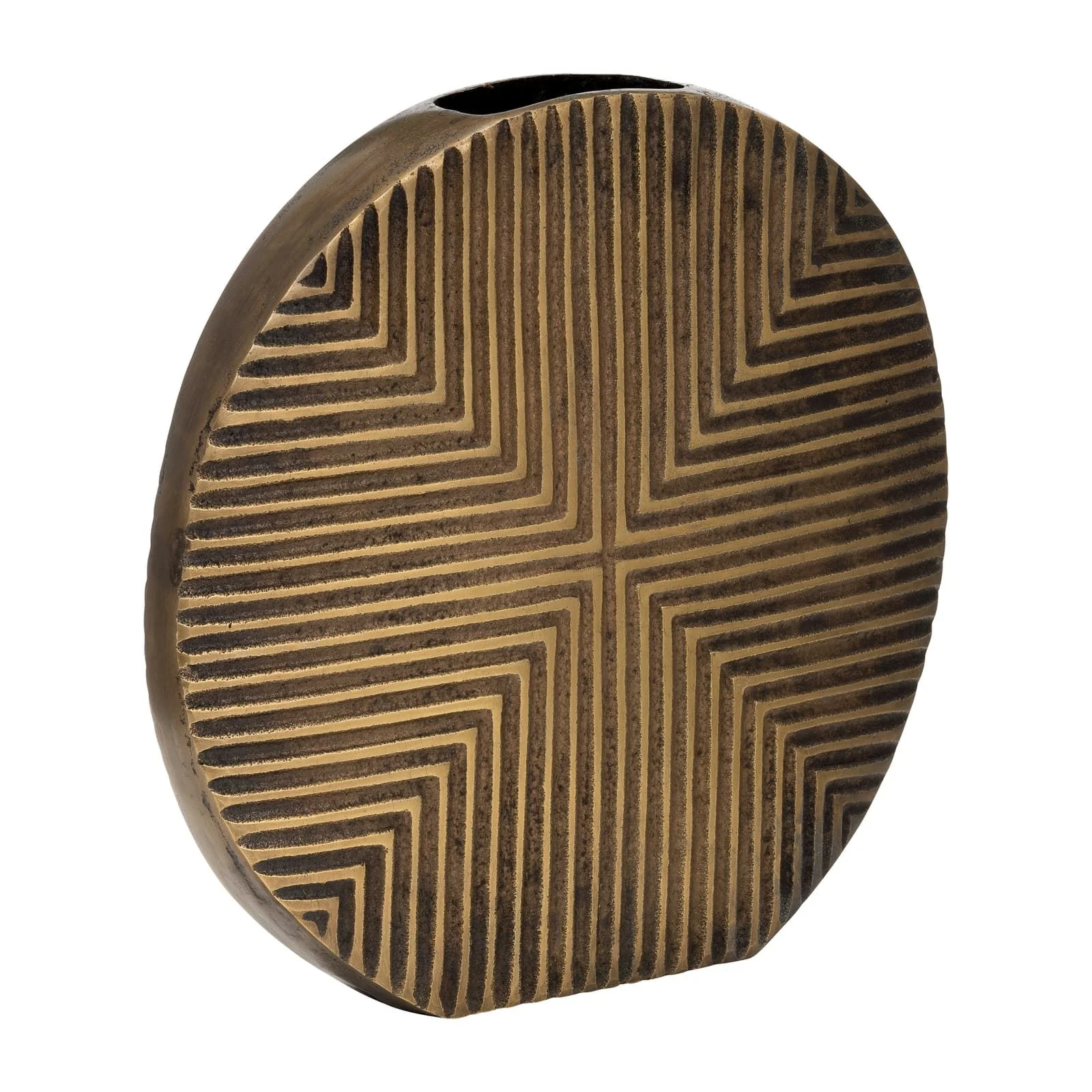 Metal, 13"h Round Ribbed Vase, Brass Antique - Image 2