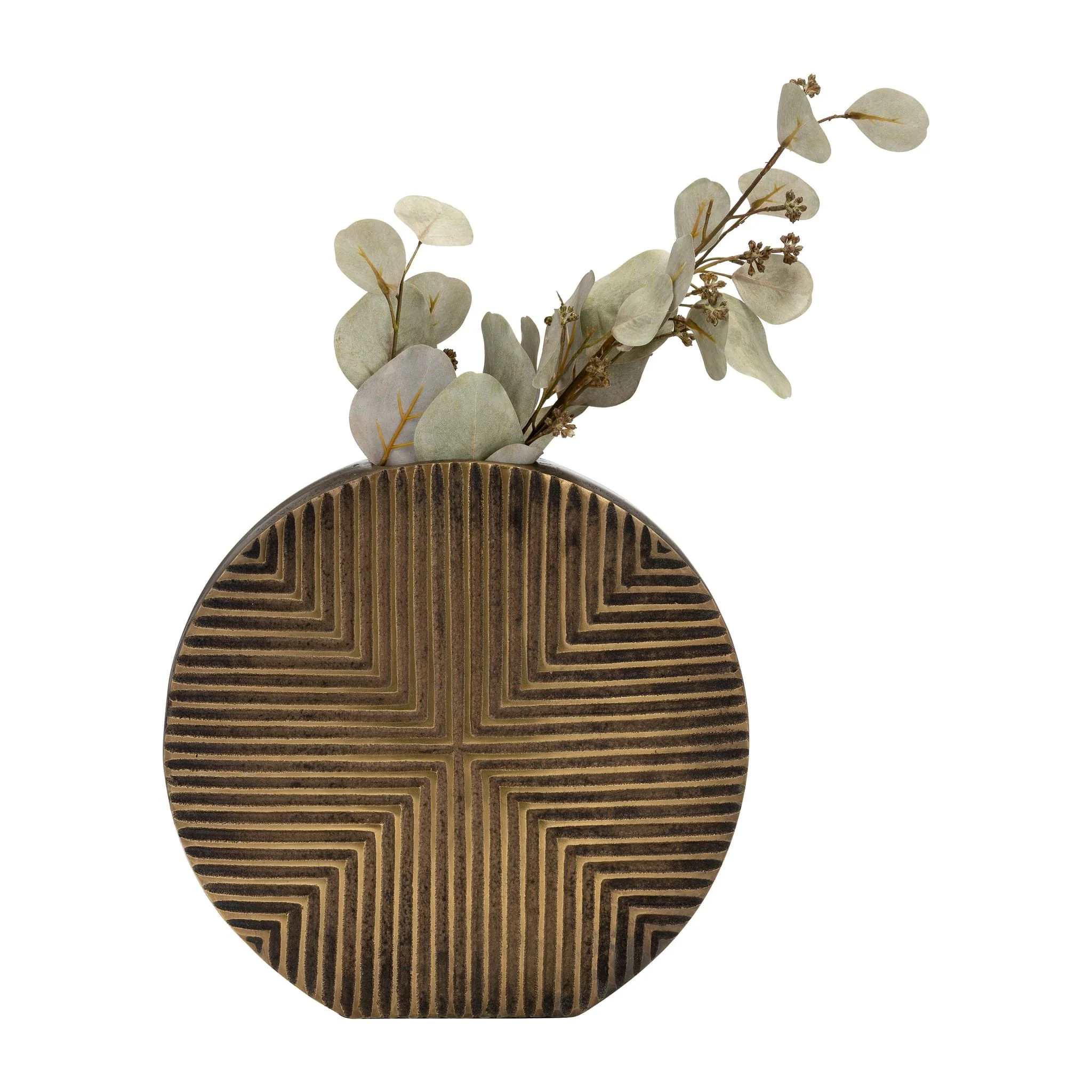 Metal, 13"h Round Ribbed Vase, Brass Antique - Image 4