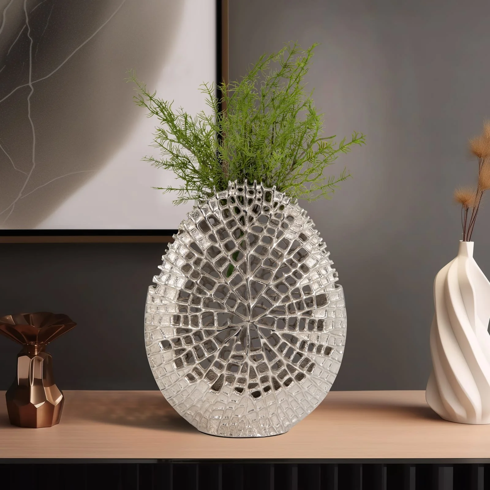 Metal, 14" Contemporary Vase, Silver - Image 11