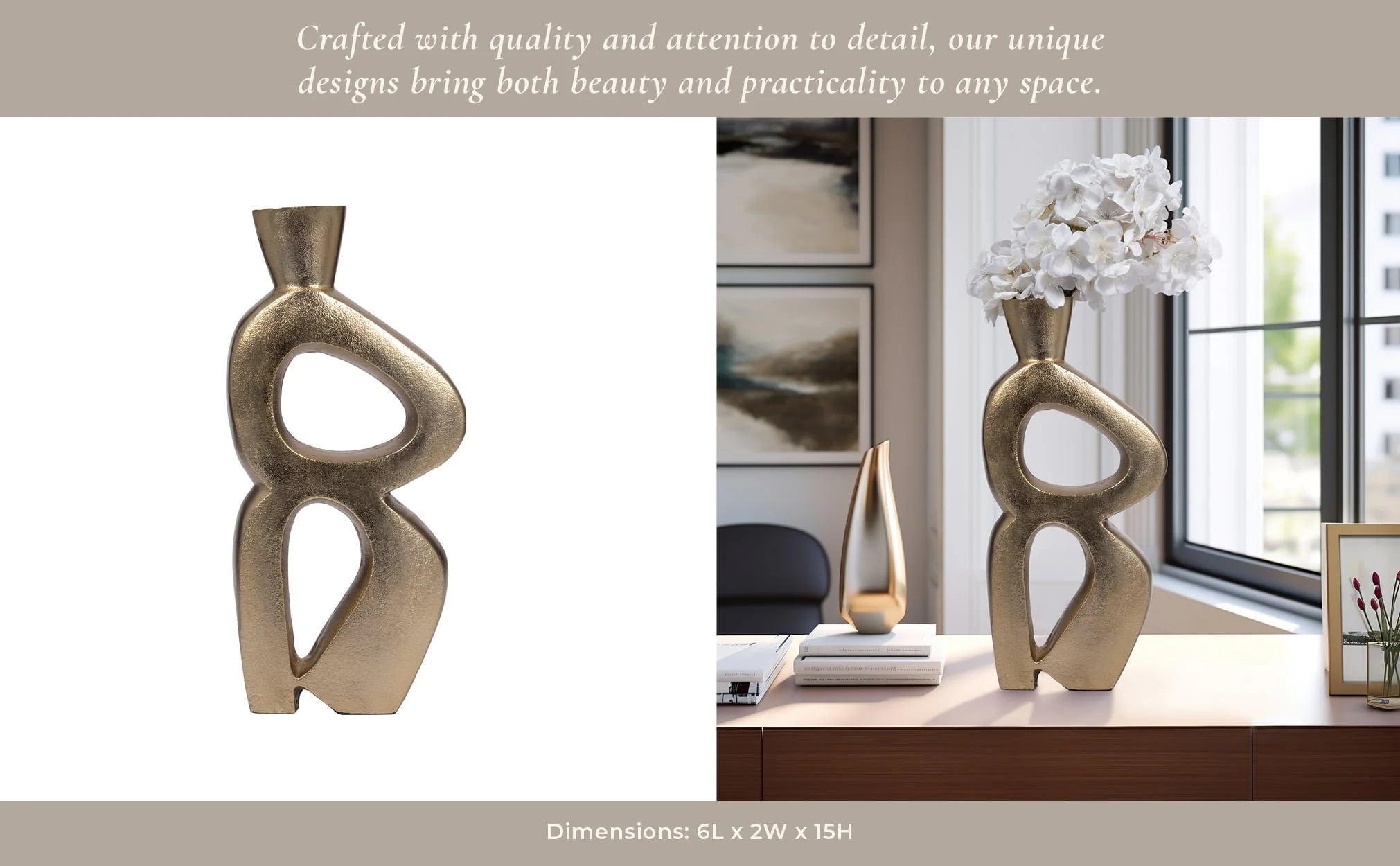 Metal, 15" Abstract Vase, Gold - Image 10