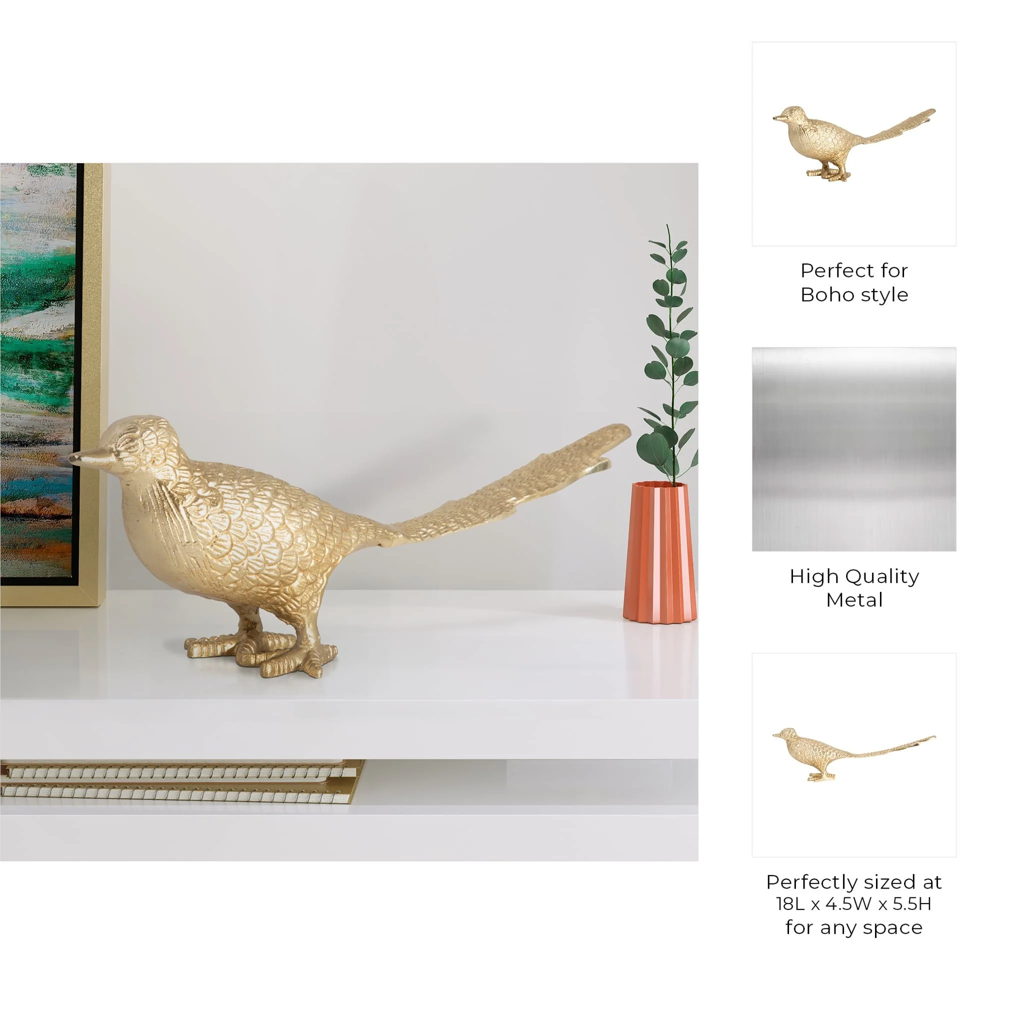 Metal, 18" Long Tailed Bird Deco. Gold - Image 10