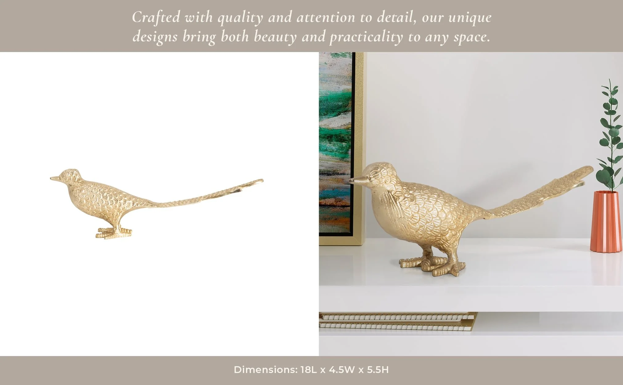 Metal, 18" Long Tailed Bird Deco. Gold - Image 12