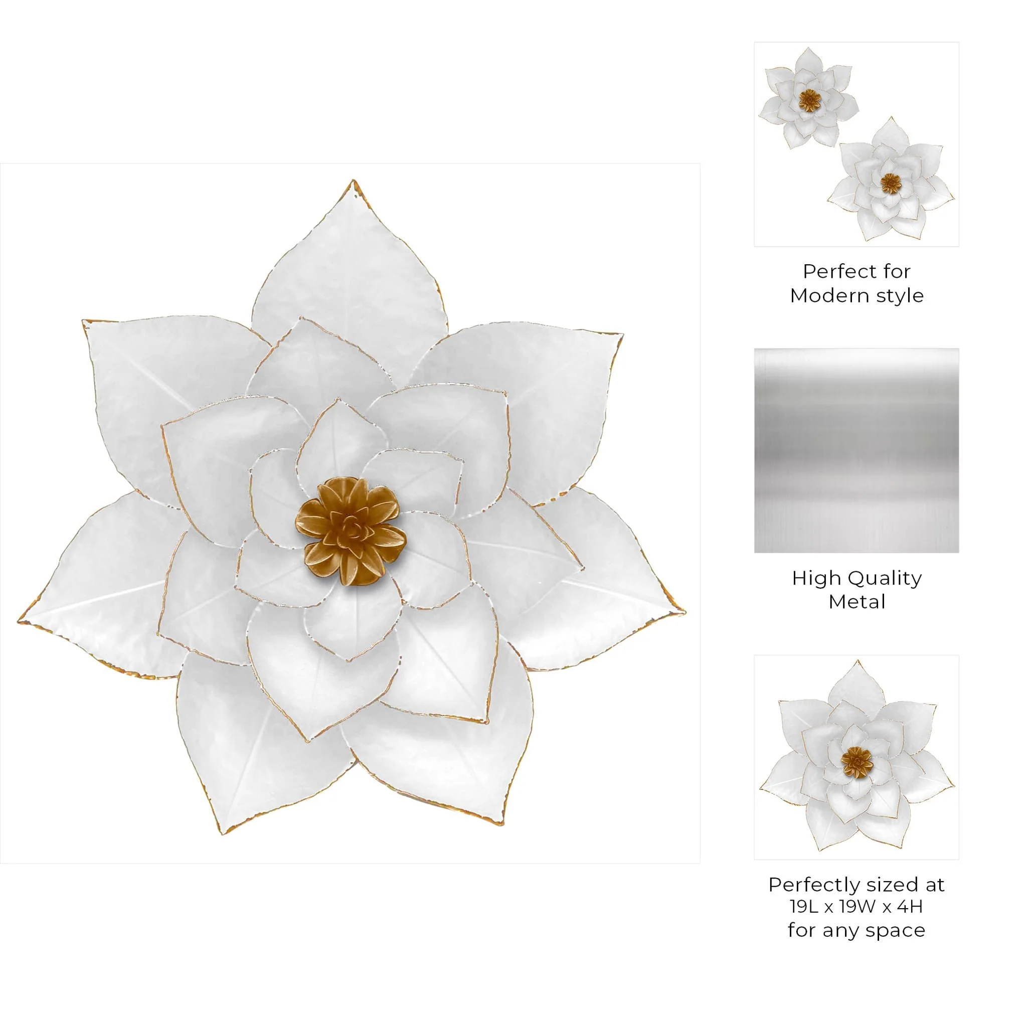 Metal 19" Lotus Wall Deco, White/gold - Image 7