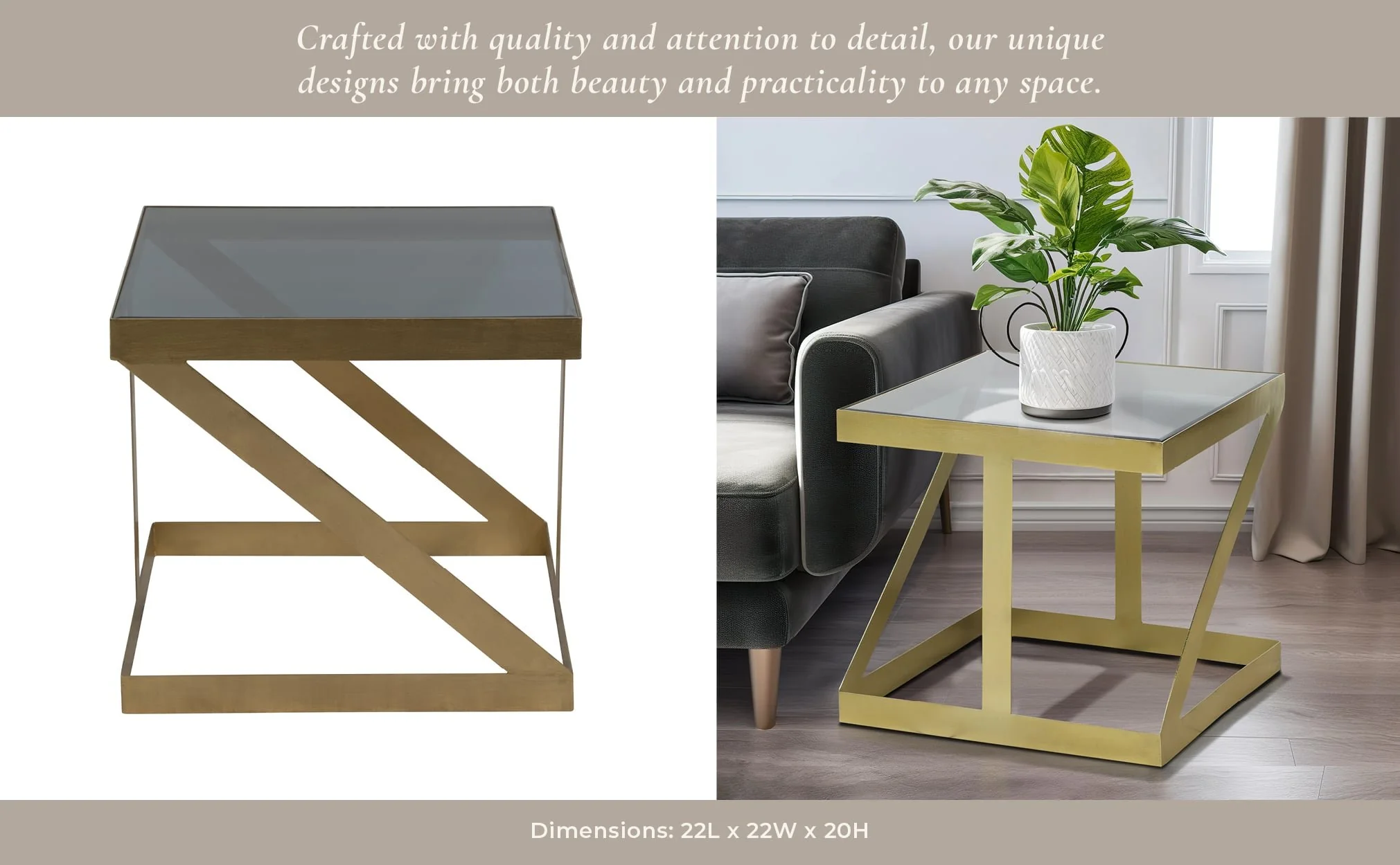 Metal, 20" Contemporary Side Table, Gold/black Gla - Image 10