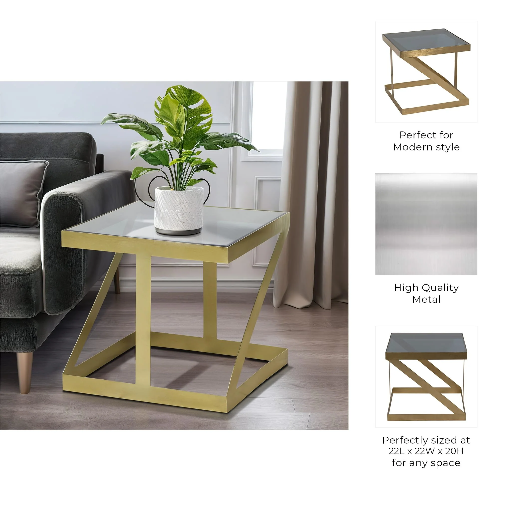 Metal, 20" Contemporary Side Table, Gold/black Gla - Image 8
