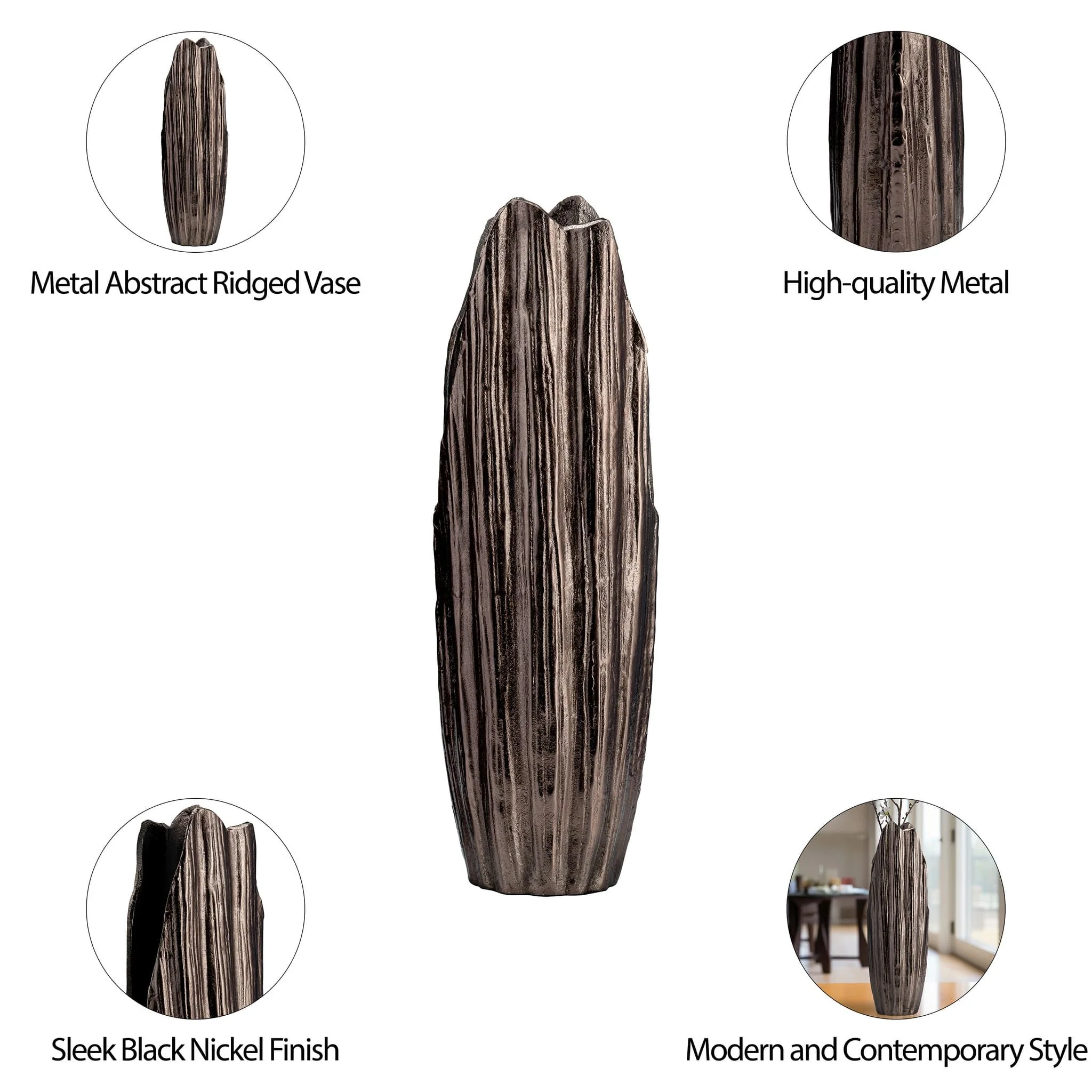 Metal, 20"h, Abstract Ridged Vase, Blk Nickel - Image 10