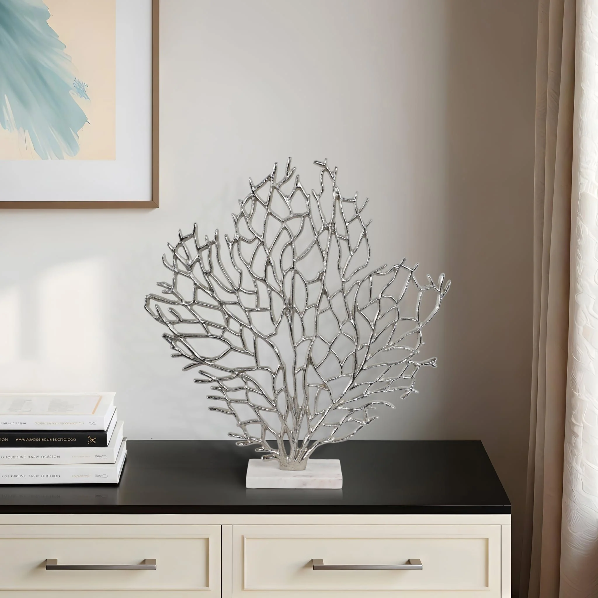 Metal, 21" Coral On Marble Base, Silver - Image 10