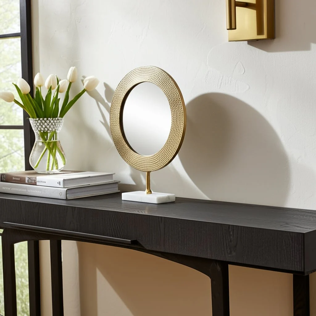 Metal 21" Hammered Mirror On Stand, Gold - Image 11