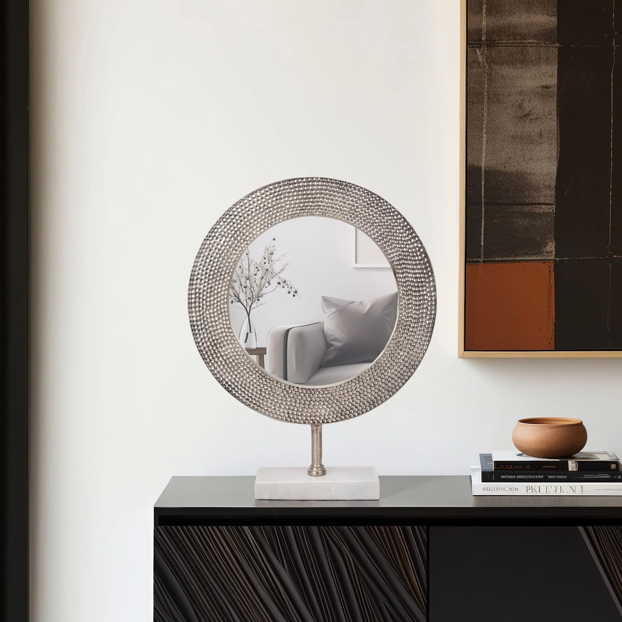 Metal 21" Hammered Mirror On Stand, Silver - Image 10