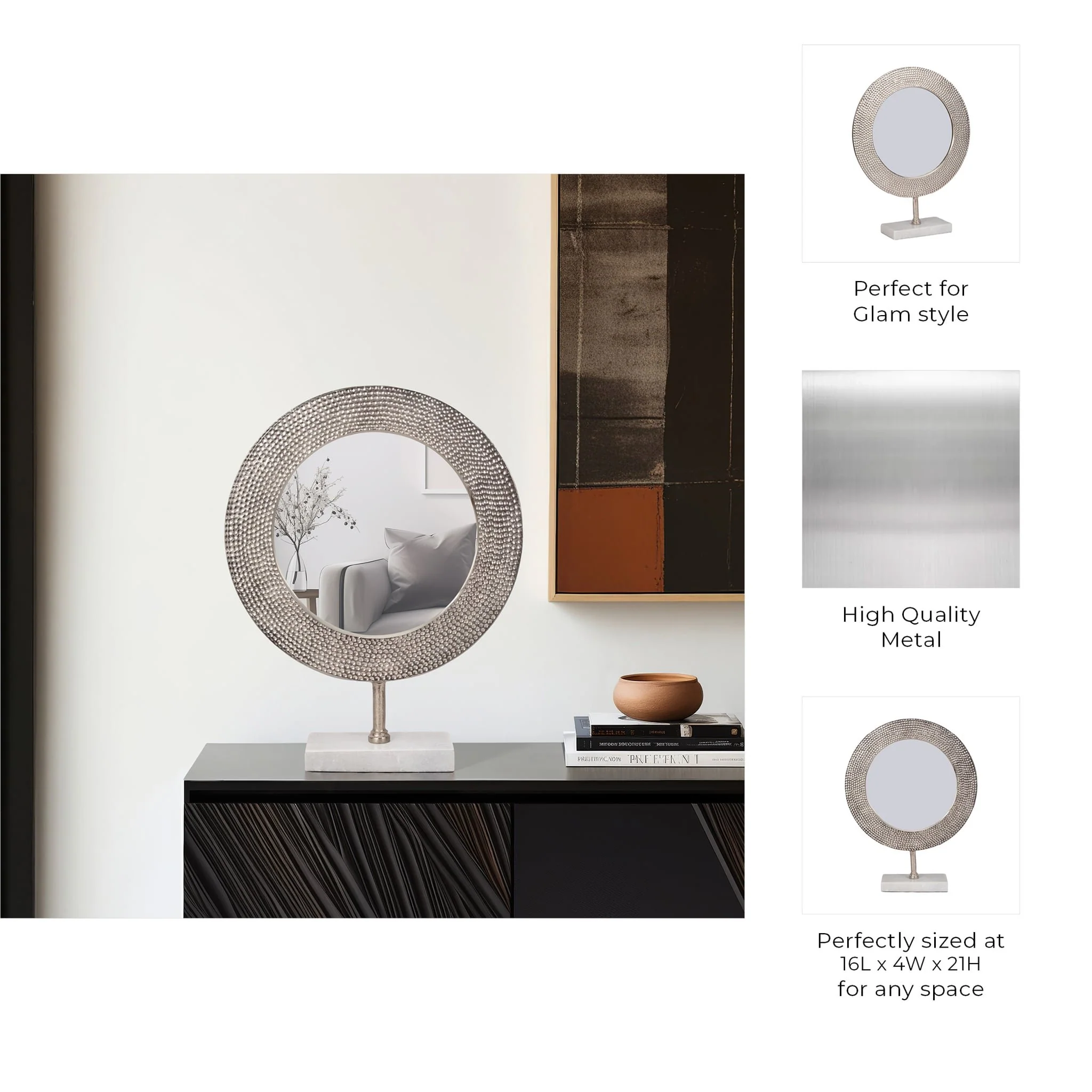 Metal 21" Hammered Mirror On Stand, Silver - Image 9