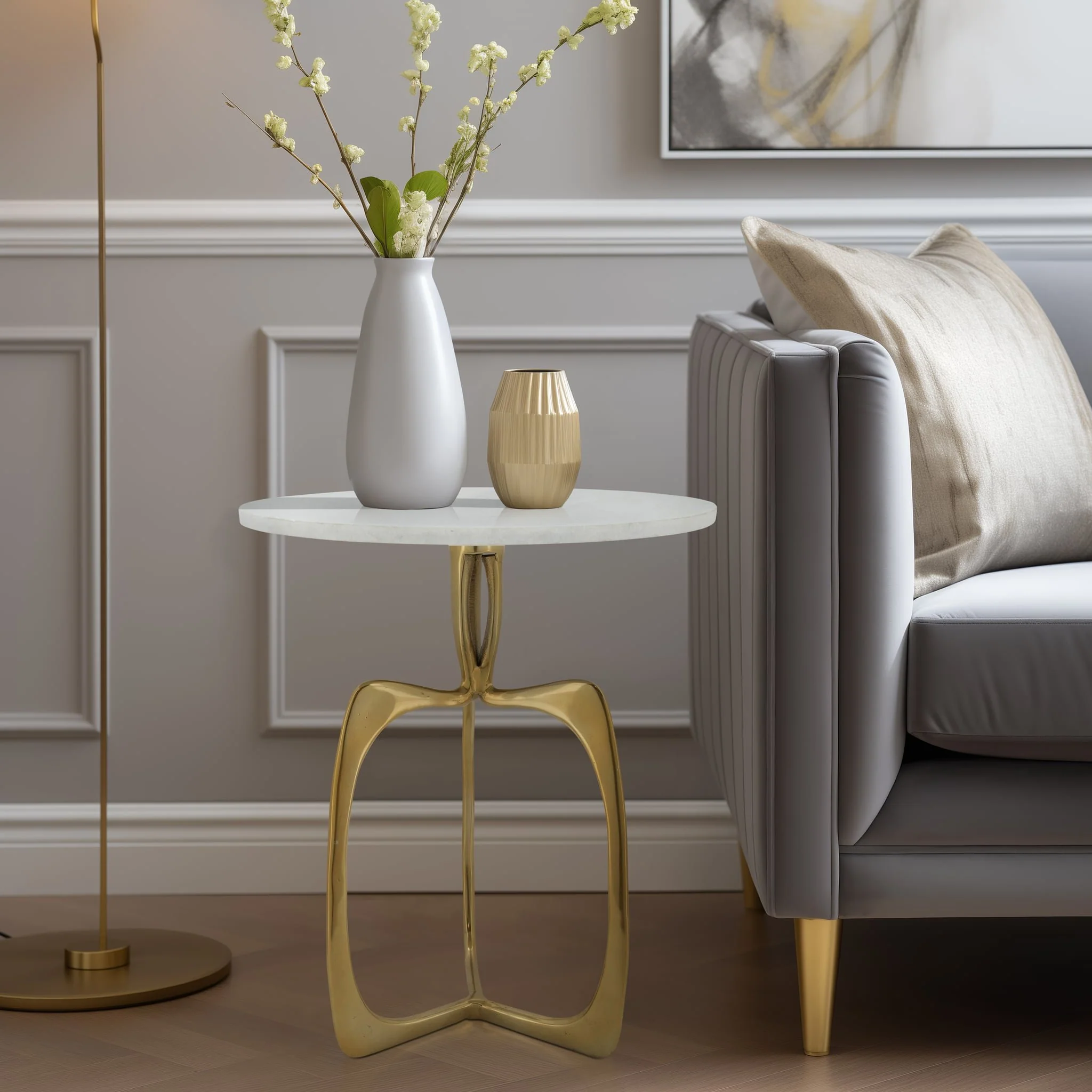 Metal 22" Accent Table W/ White Marble, Gold  Kd - Image 9
