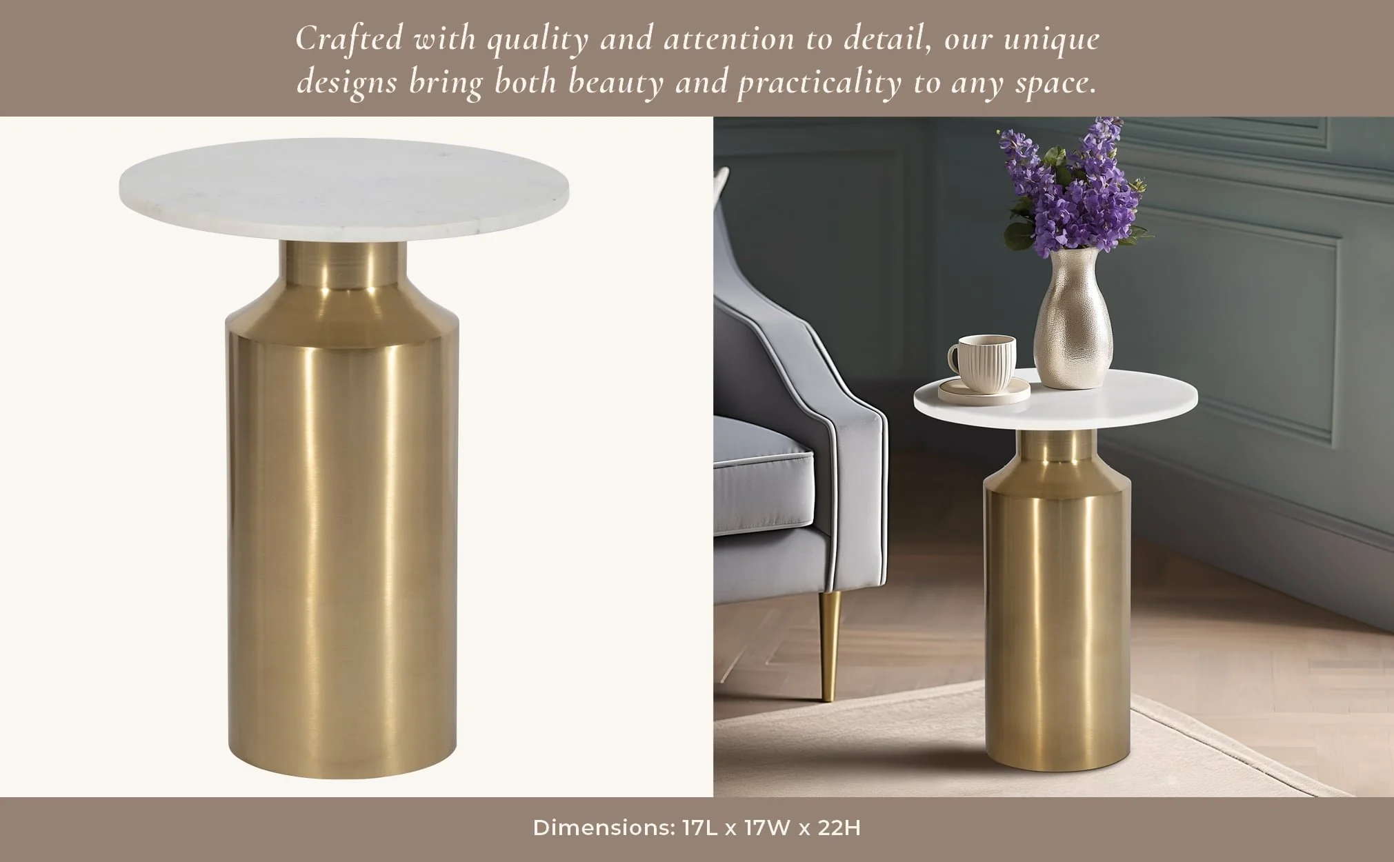Metal, 22" Marble Top Side Table, Gold Kd - Image 10