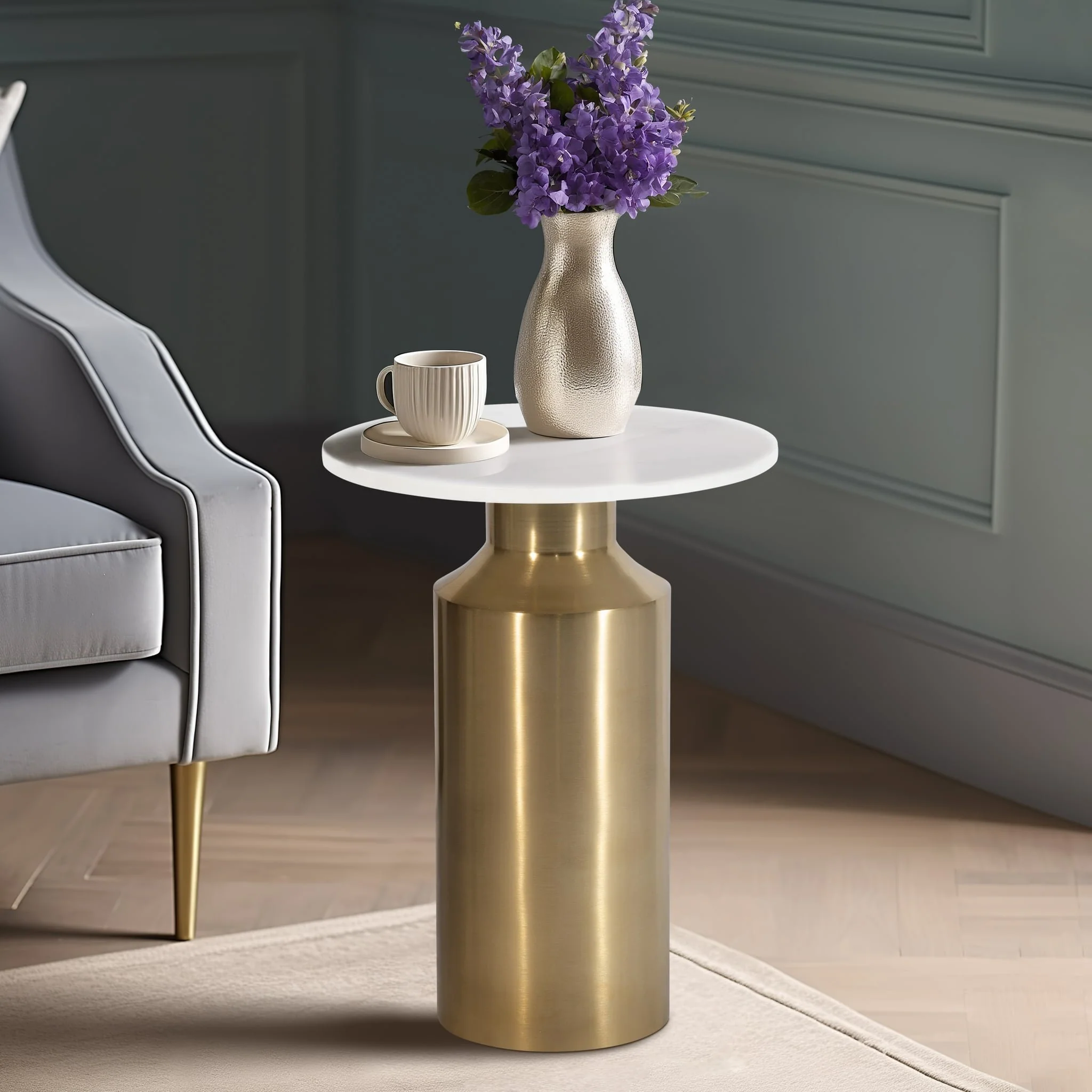 Metal, 22" Marble Top Side Table, Gold Kd - Image 9