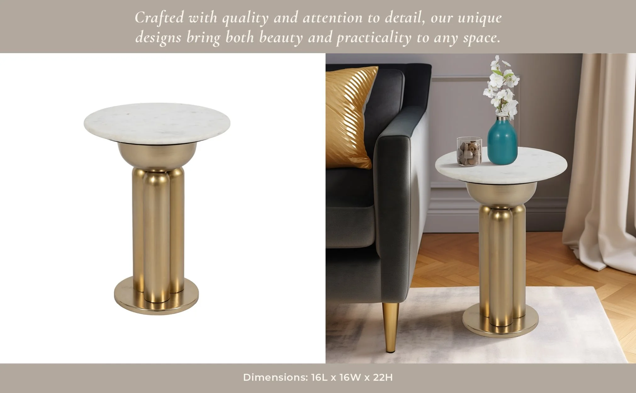 Metal, 22" Marble Top Side Table, Gold/white - Image 10
