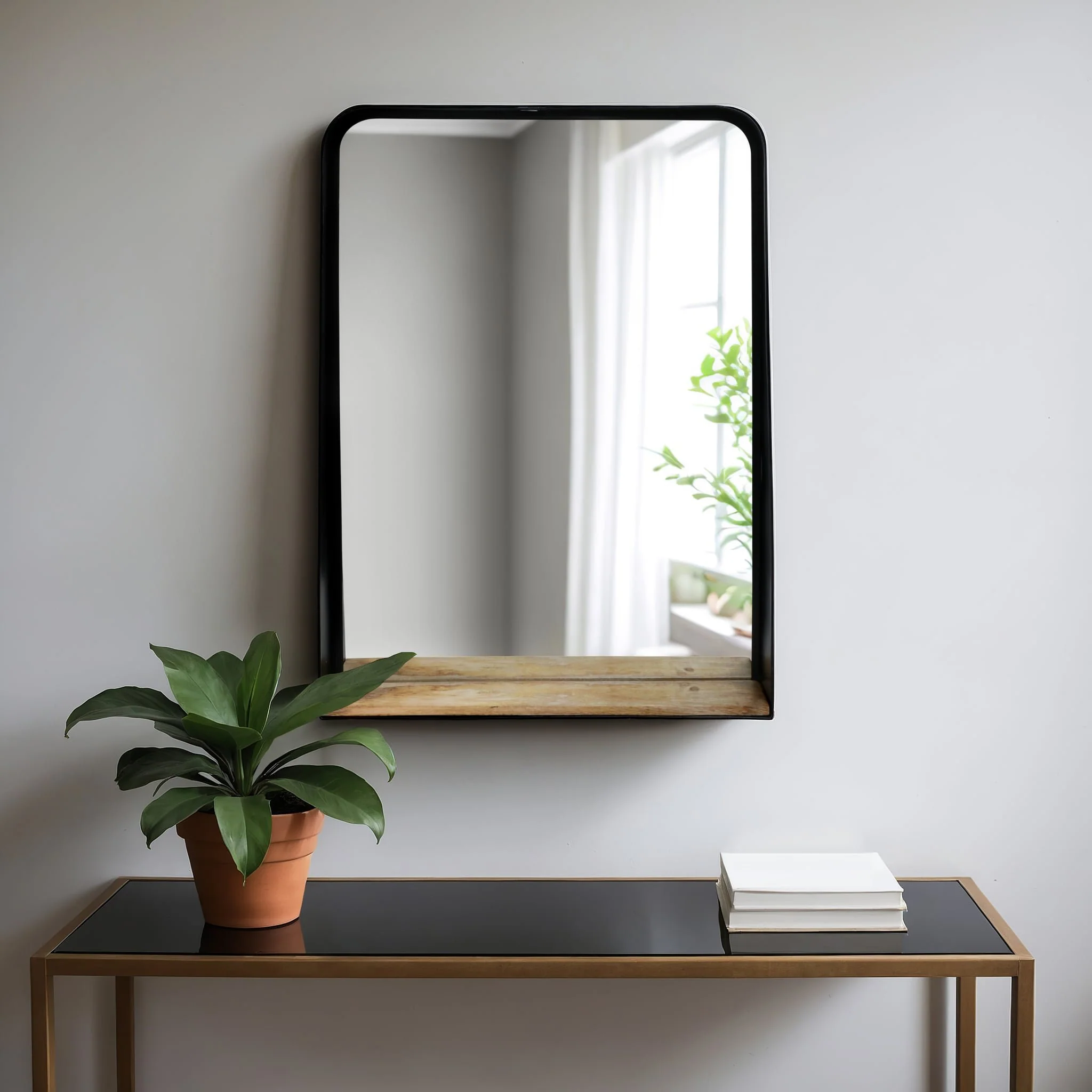 Metal, 22x30 Mirror W/ Shelf, Black/brown - Image 9