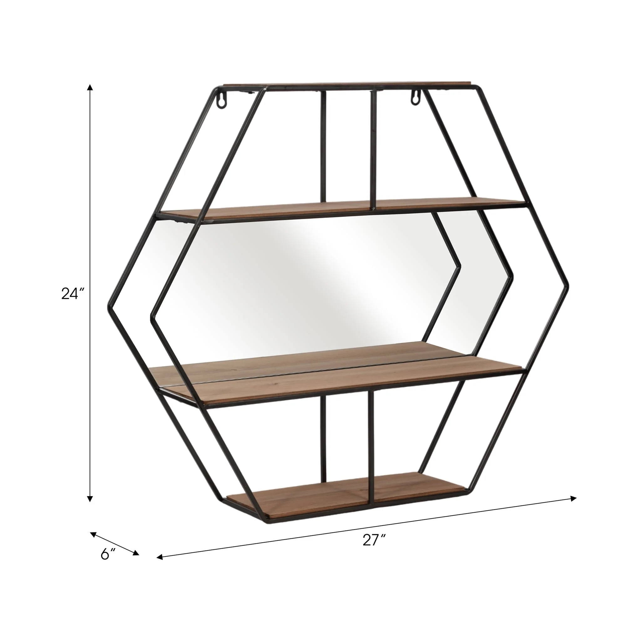 Metal 24" Hexagon Wall Shelf W/ Mirror, Brown - Image 6