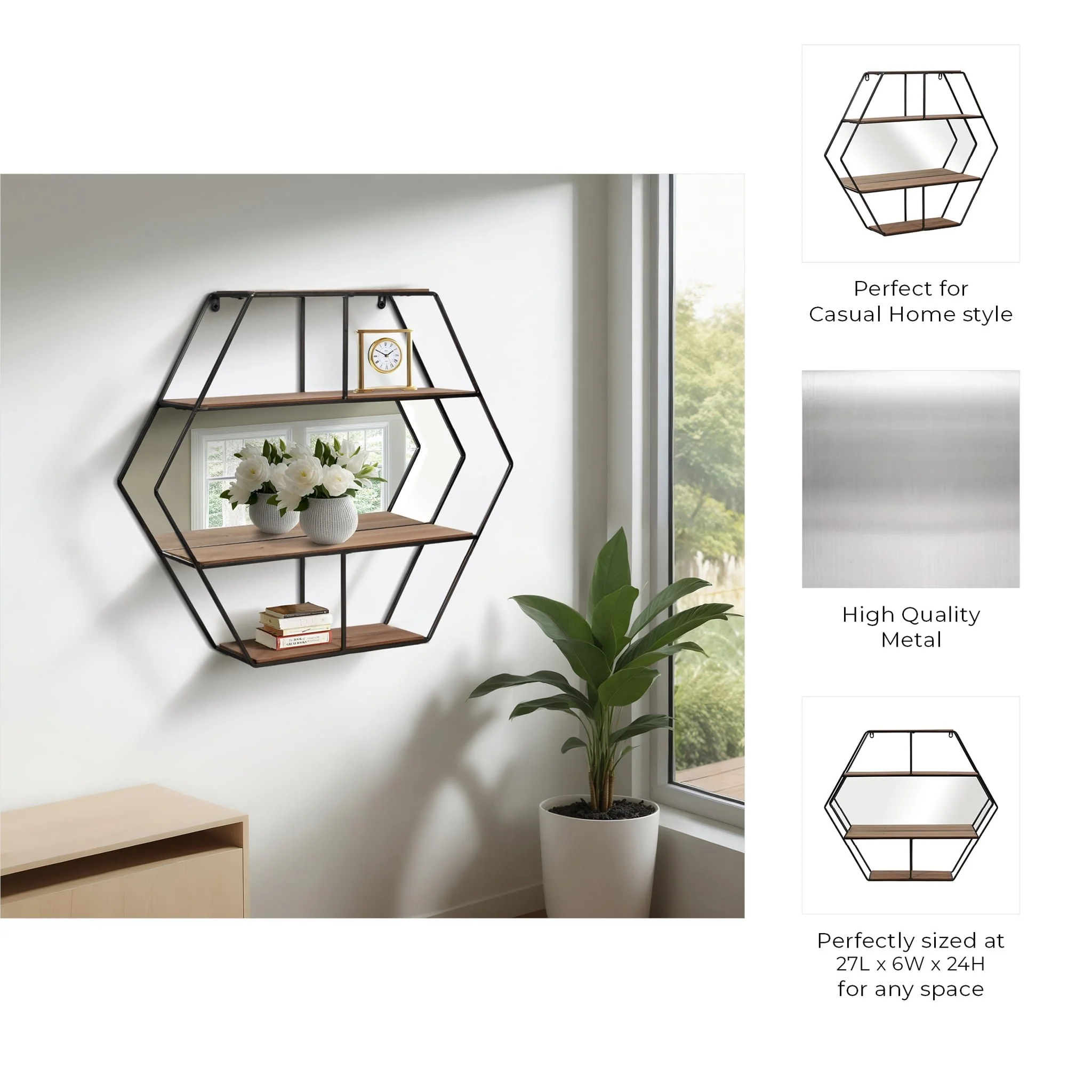 Metal 24" Hexagon Wall Shelf W/ Mirror, Brown - Image 7