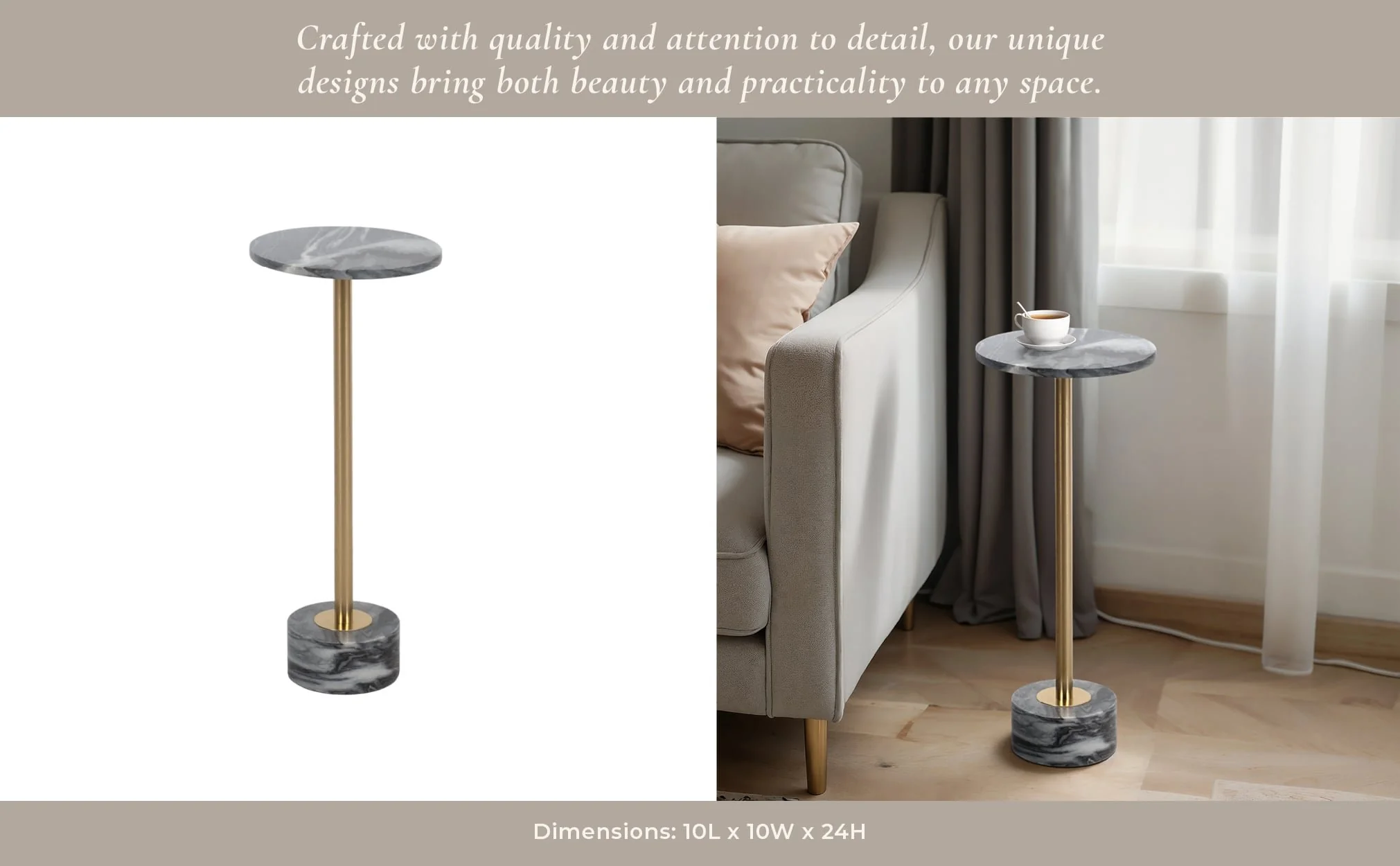 Metal, 24" Side Table Marble Top, Gray/gold Kd - Image 10